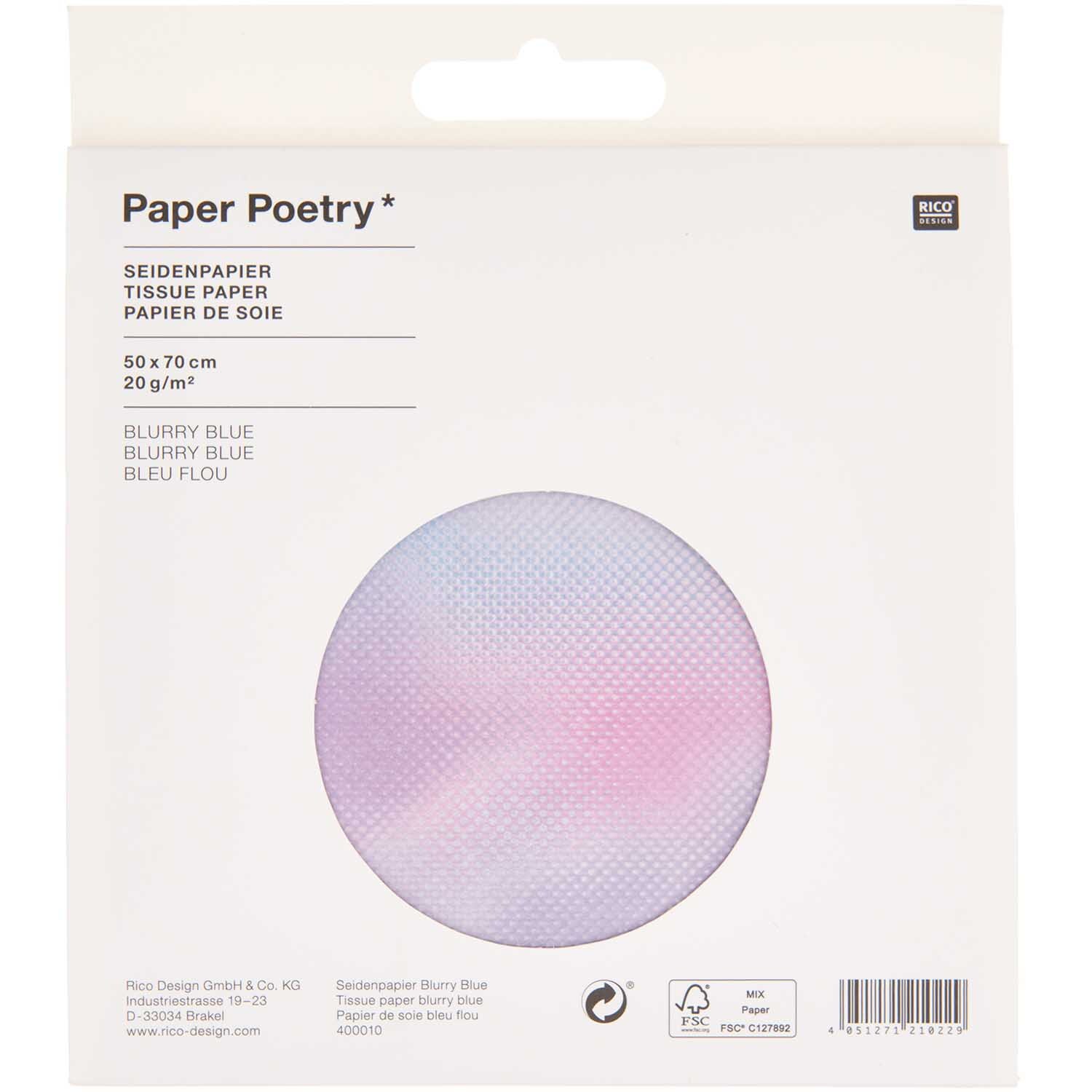 Paper Poetry Seidenpapier Blurry Blue 50x70cm 5 Bogen von Rico Design Paper Poetry Seidenpapier in verschwommenem Blau, 50x70cm, 5 Bogen, von Rico Design, in Verpackung.