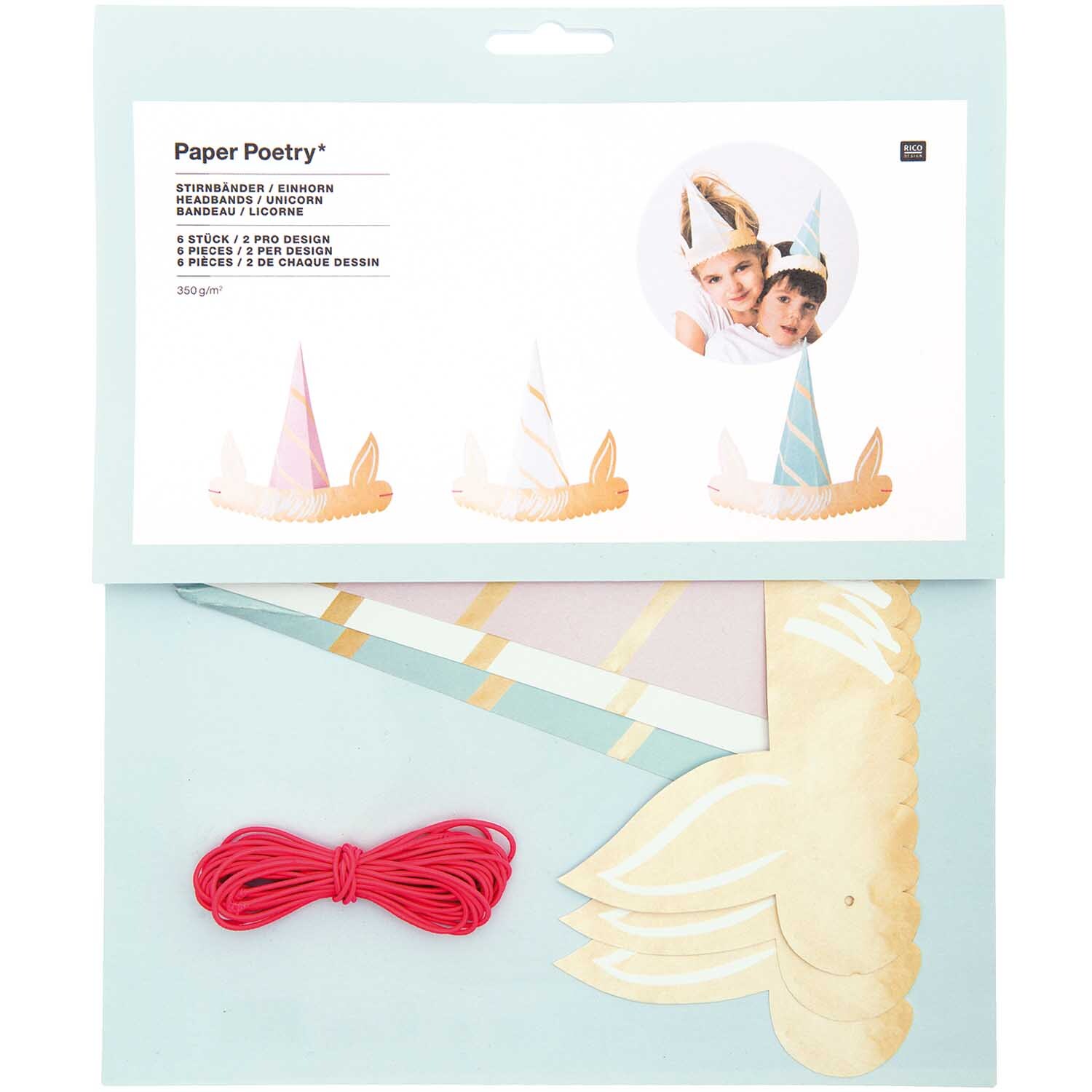Paper Poetry Stirnbänder Einhorn 6 Stück von Rico Design. Enthält bunte Einhorn-Stirnbänder und rotes Band, ideal für kreative Bastelprojekte.