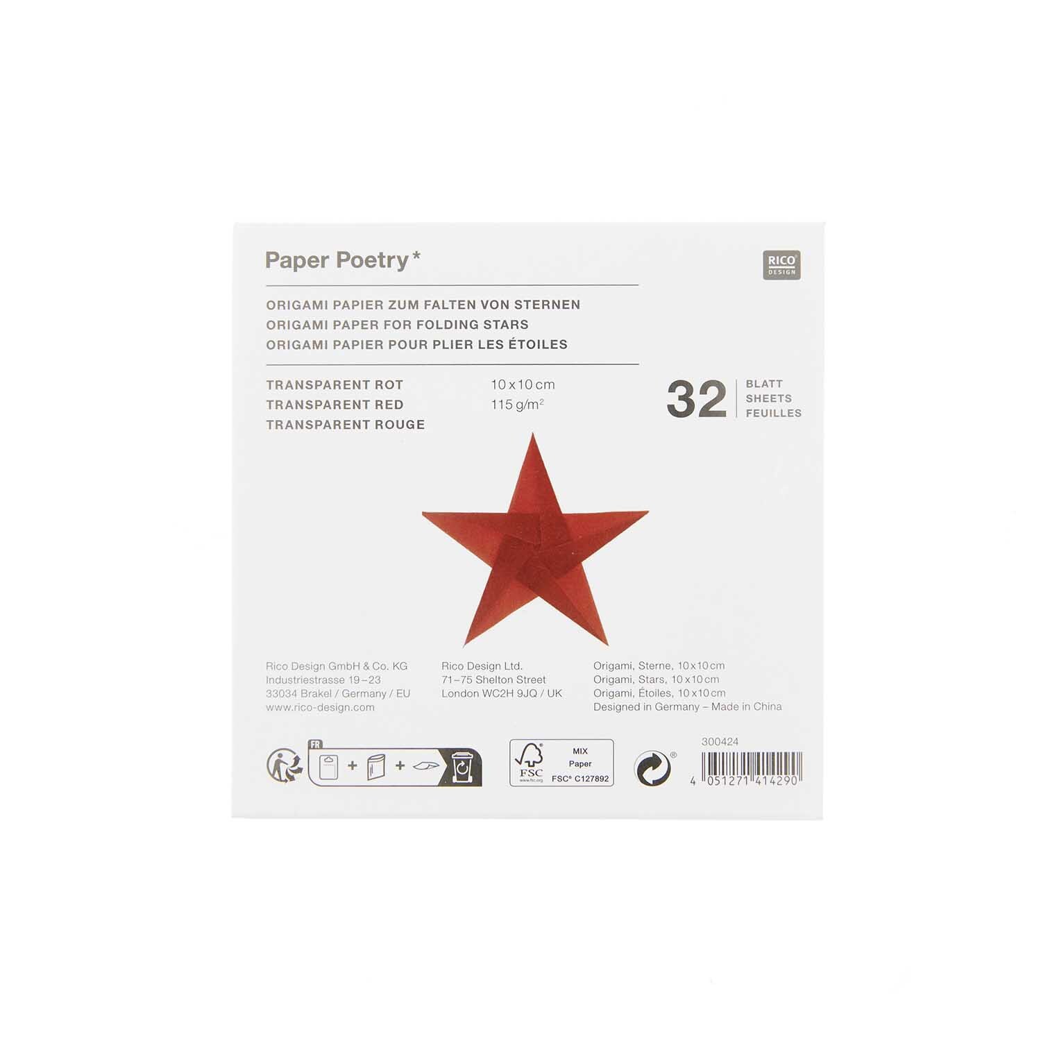 Paper Poetry Bascetta Origamipapier Rot, 32 Blatt, ideal zum Falten von Sternen, 115 g/m², transparent.