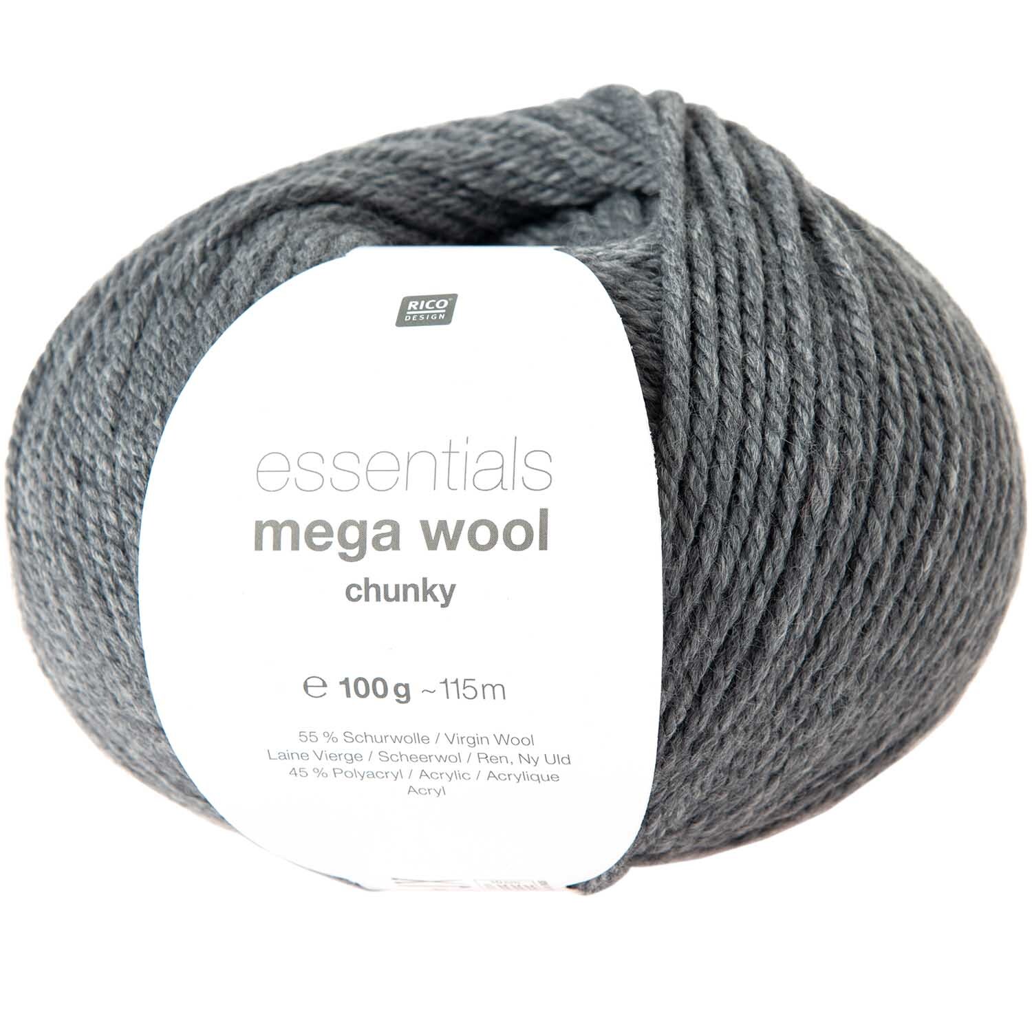 Essentials Mega Wool chunky in Grau, 100g Knäuel von Rico Design, ideal für warme Strickprojekte.