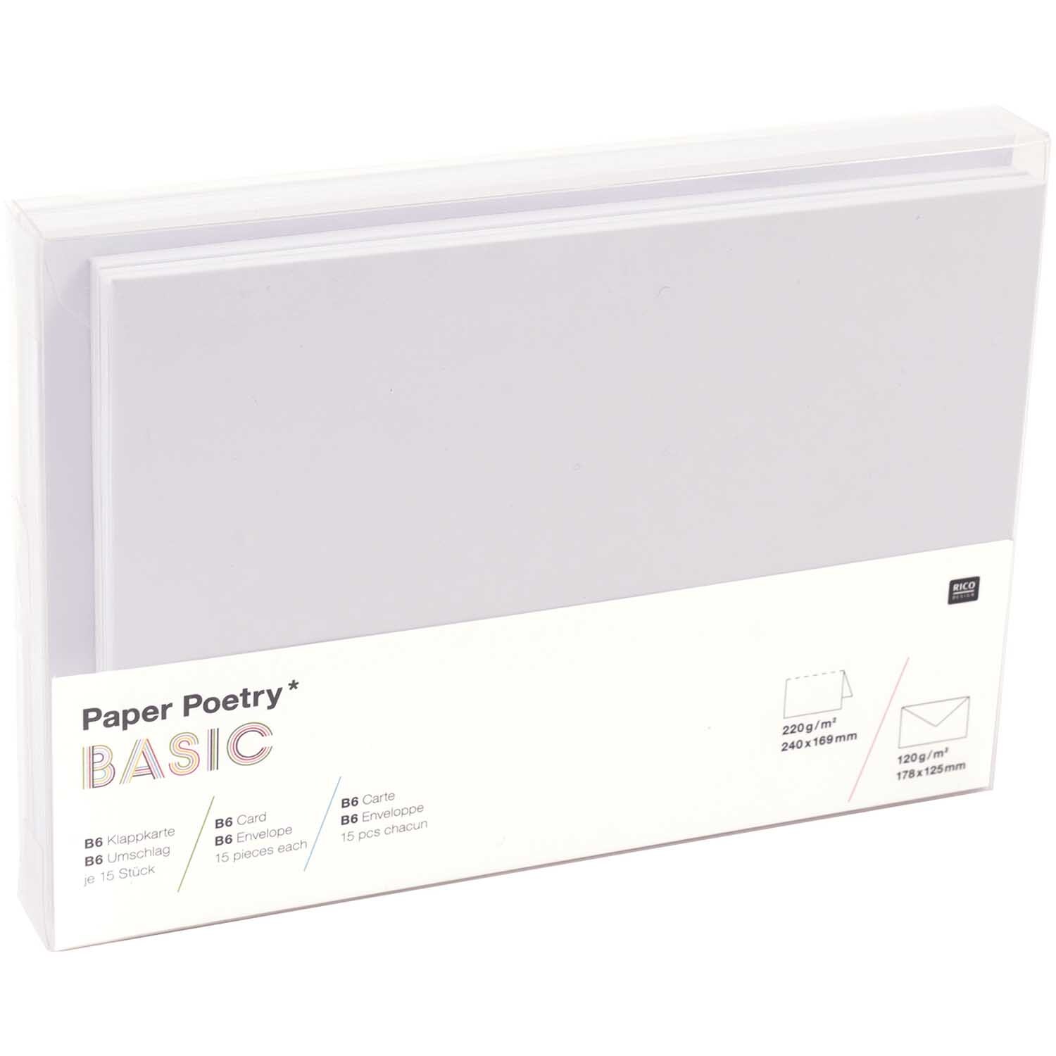 Paper Poetry Kartenset Basic weiß B6, 30-teilig von Rico Design, zeigt weiße Karten in einer Verpackung. Ideal für kreative Projekte.