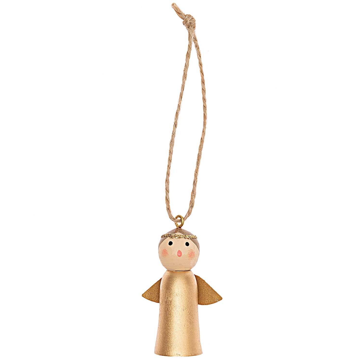 Holzhänger Engel gold 5cm von Rico Design zeigt einen goldenen Engel aus Holz mit Schnur zum Aufhängen. Ideal für festliche Dekorationen.