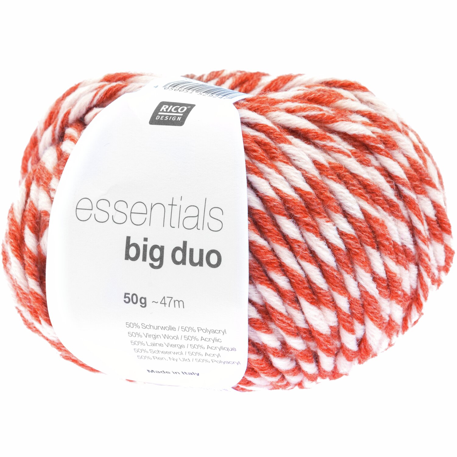 Essentials Big Duo: Strickgarn in Kürbis/Weiß von Rico Design, 50g Knäuel, ideal für kreative Projekte.