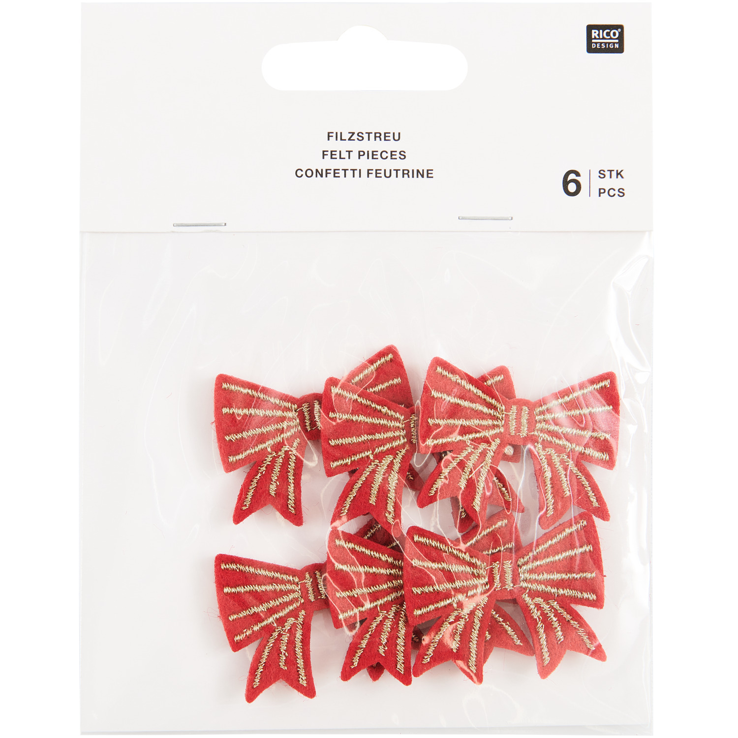 Filzstreu Schleifen 8 Stück Farbe Rot-Gold von Rico Design Filzstreu Schleifen, rot-gold, von Rico Design, 6 Stück in einer transparenten Verpackung. Ideal für kreative Dekorationen und Bastelprojekte.