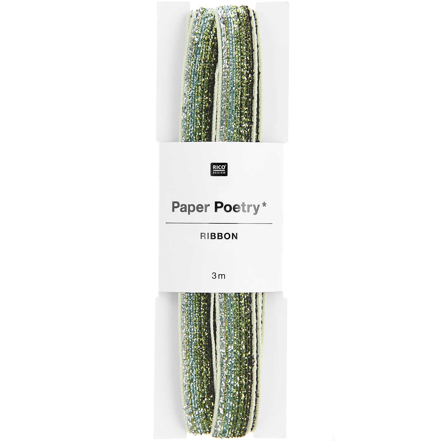 Paper Poetry Glitzerband 10mm 3m Farbe Grün von Rico Design Paper Poetry Glitzerband, 10mm breit und 3m lang, zeigt schimmernde grüne Oberfläche von Rico Design. Ideal für kreative Bastelprojekte.
