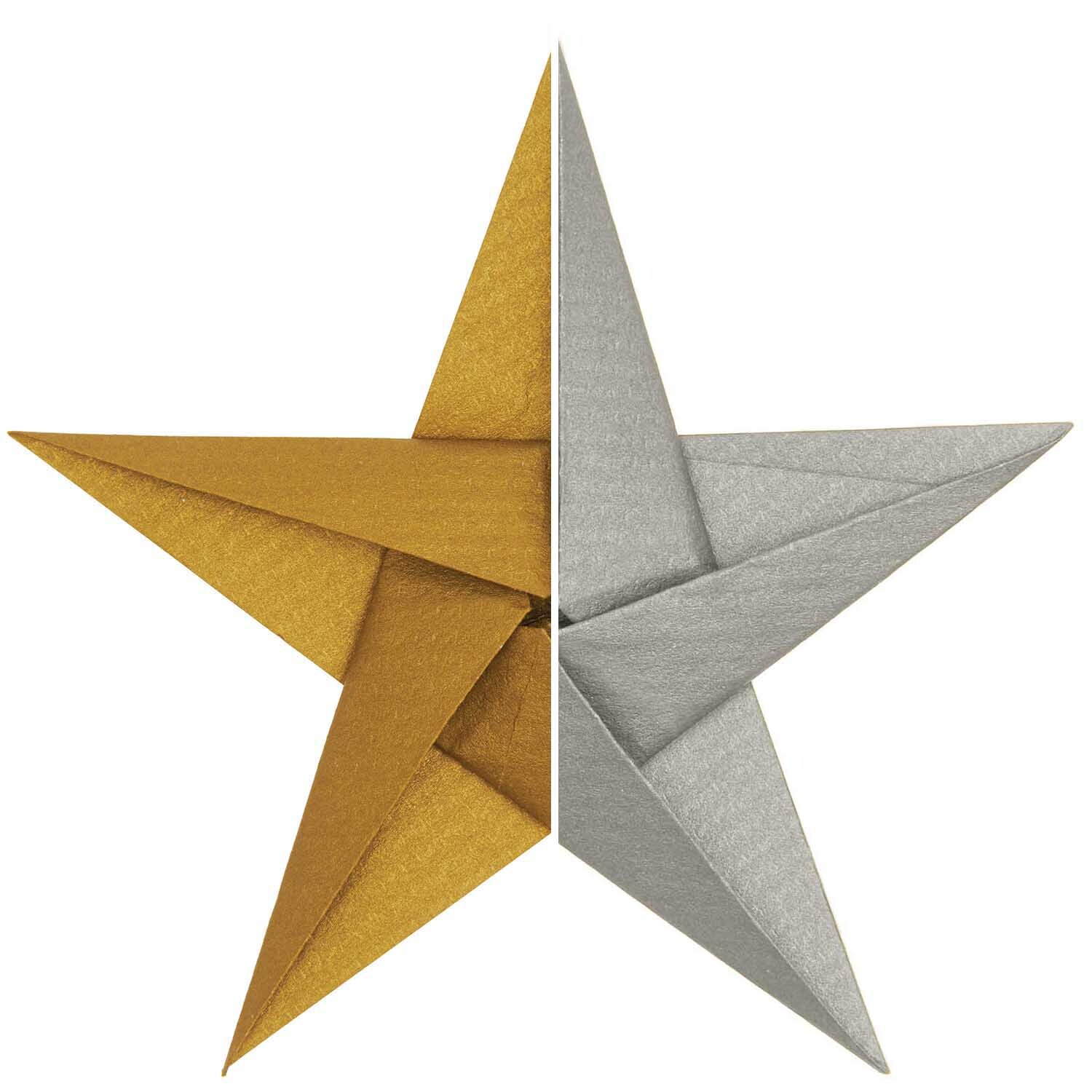 Paper Poetry Bascetta Origamipapier Gold-Silber zeigt einen kunstvoll gefalteten Stern in Gold und Silber von Rico Design.