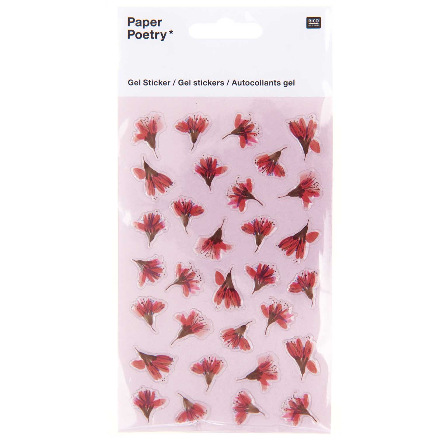 Paper Poetry Gelsticker Kirschblüten auf einem Blatt, dekorative rote Blüten von Rico Design. Ideal für kreative Projekte.