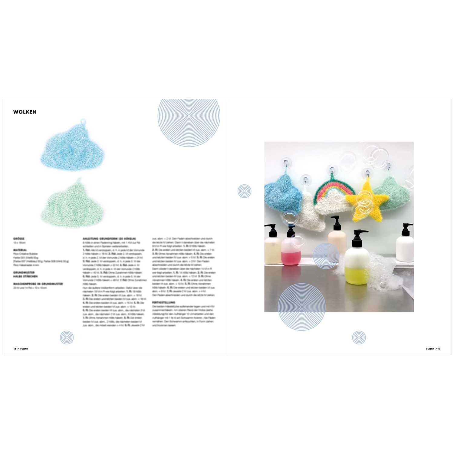 Creative Bubble Funny - Bunte Spülschwämme in Wolkenform von Rico Design, aufgehängt neben Seifenspendern.