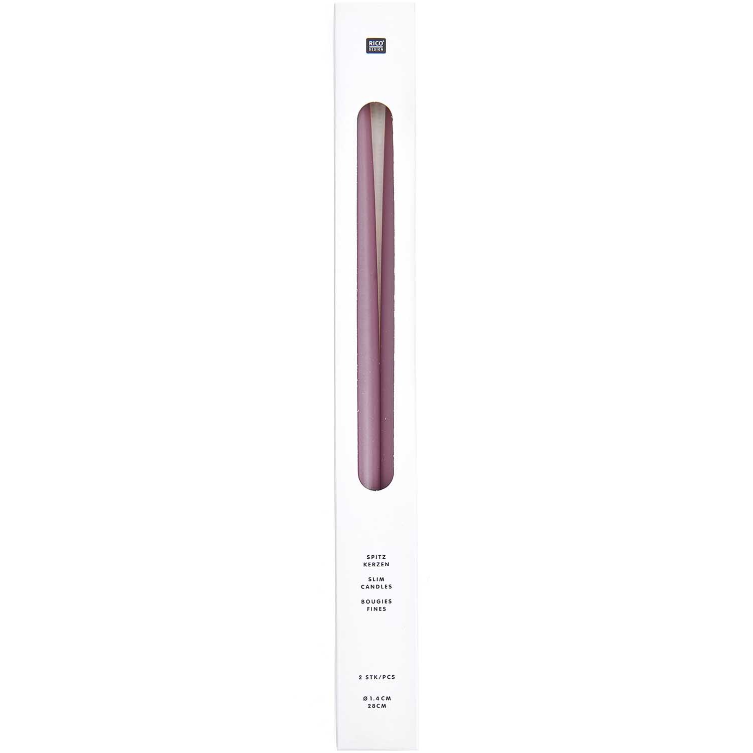 Spitzkerzen 1,4x28cm 2 Stück in elegantem Mauve von Rico Design, verpackt in einer schmalen Box. Ideal für stilvolle Dekorationen.