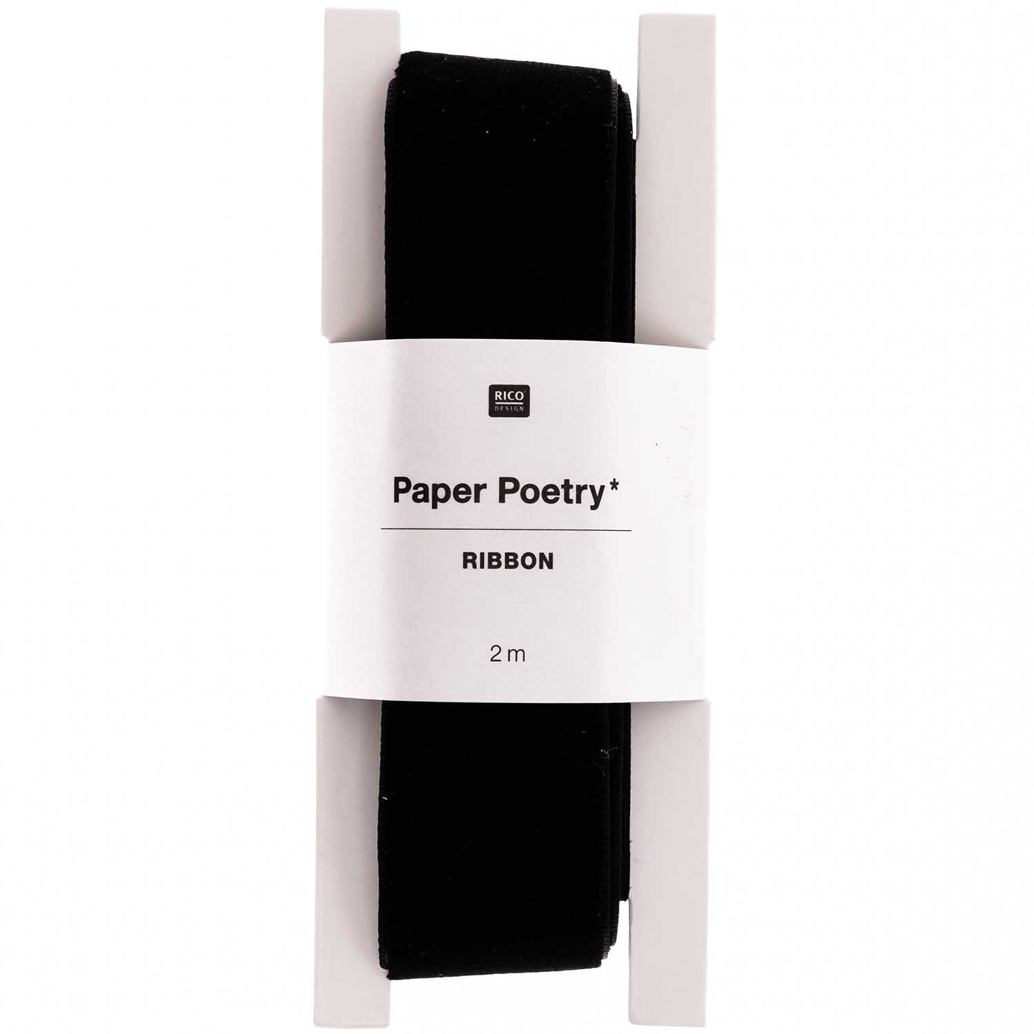 Paper Poetry Samtband 25mm 2m, schwarzes Band von Rico Design, auf einer Spule präsentiert.