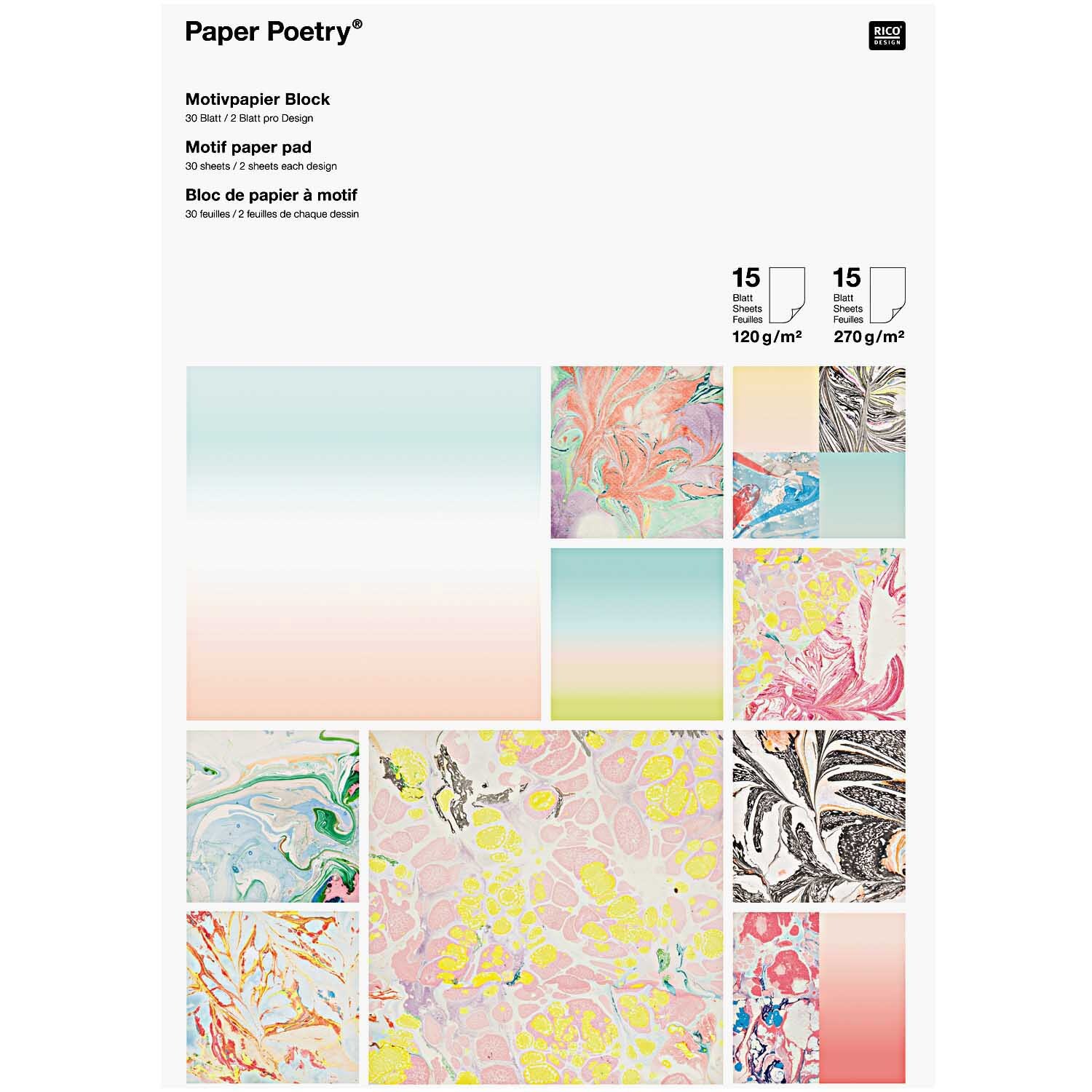 Paper Poetry Motivpapier Block zeigt marmorierte Designs in verschiedenen Farben von Rico Design. Ideal für kreative Projekte.