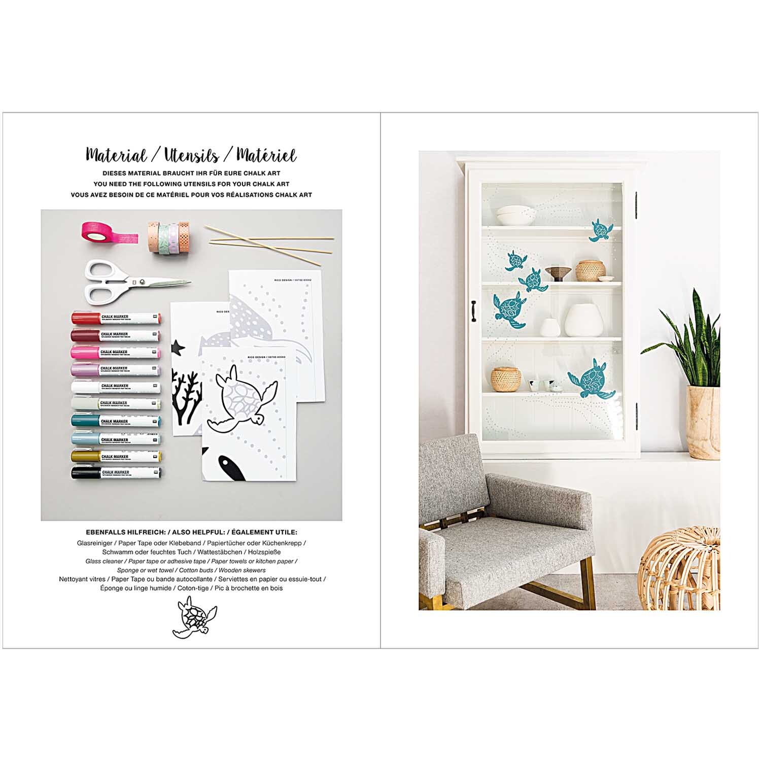 Vorlagenmappe Mermaid Fenster- und Glasmalerei mit Kreidestiften zeigt kreative Designs und Materialien. Ideal für dekorative Kunstprojekte.