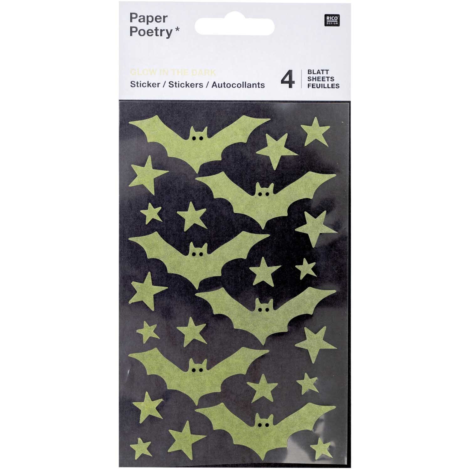 Paper Poetry Washi-Sticker Fledermäuse: Grüne Fledermaus- und Sternsticker von Rico Design auf schwarzem Hintergrund.