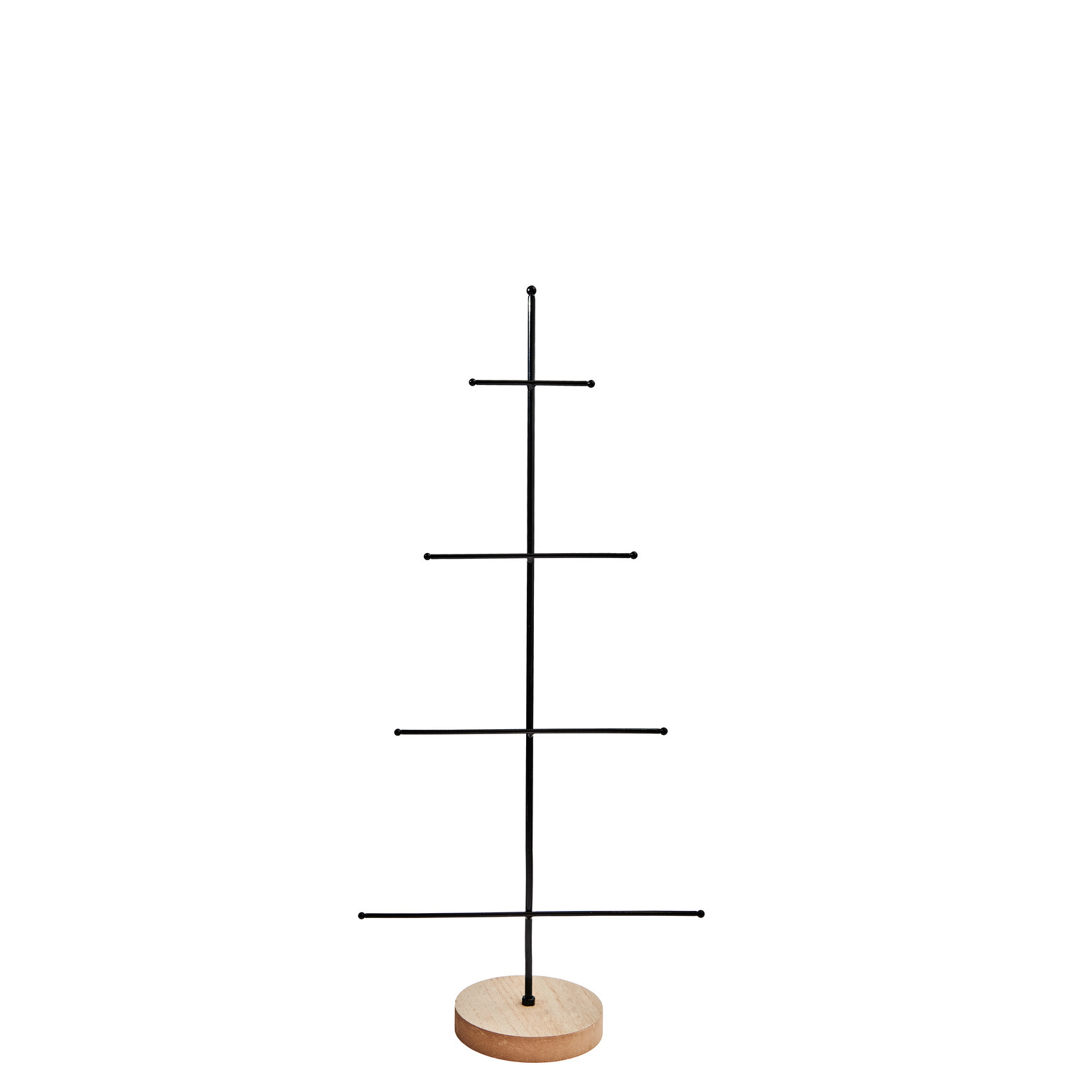 Metall-Tannenbaum mit Holzsockel, minimalistisches Design, schwarzes Metall, Holzfuß.