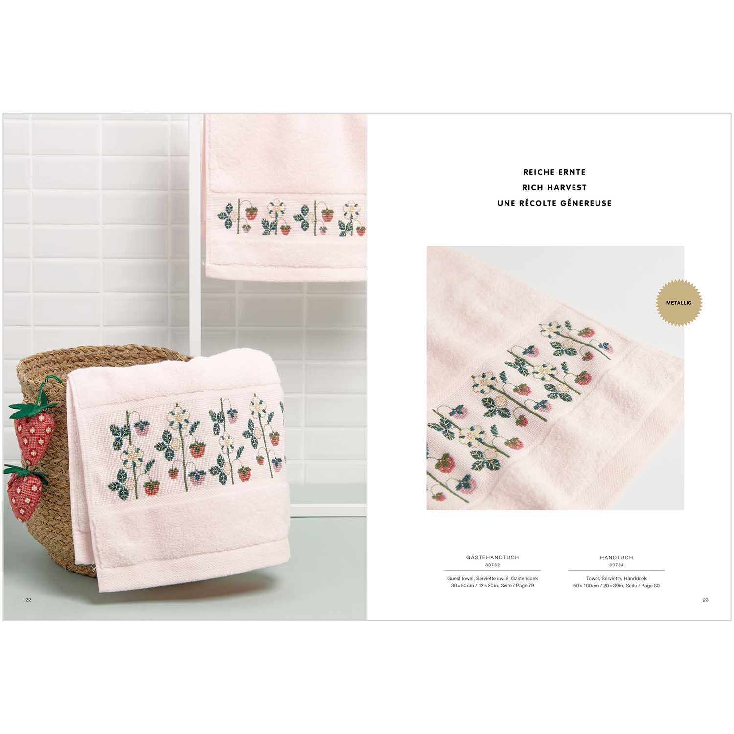 Livret de broderie Just Bees + Fruits + Flowers No. 181 from Rico Design Stickbuch Just Bees + Fruits + Flowers Nr. 181 zeigt bestickte Handtücher mit Blumen- und Fruchtmotiven von Rico Design.
