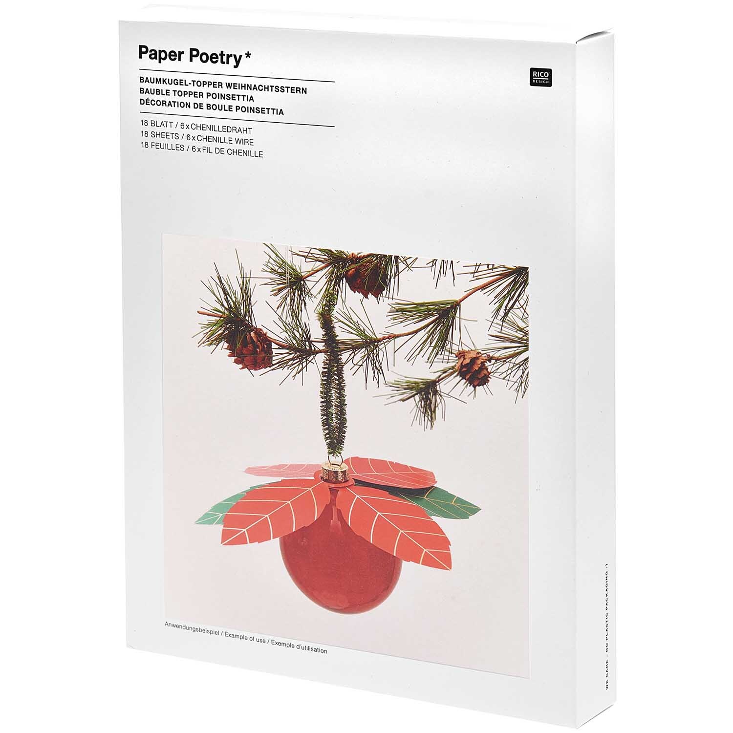 Paper Poetry Christbaumkugel-Topper: Sechs rote Weihnachtssterne von Rico Design an einem Tannenzweig.