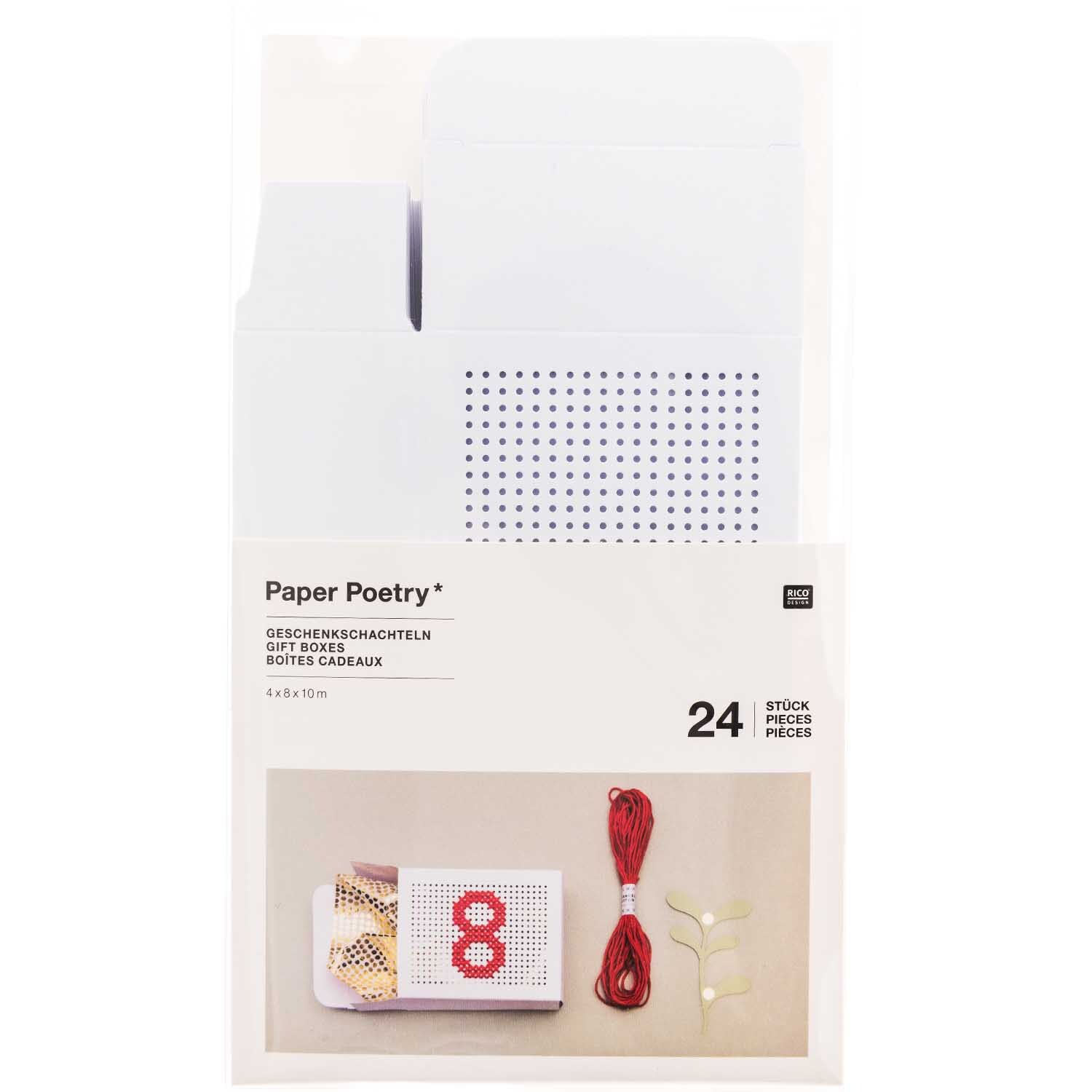 Paper Poetry Adventskalender Boxen zum Besticken von Rico Design, weiße Boxen mit Stickmaterial.