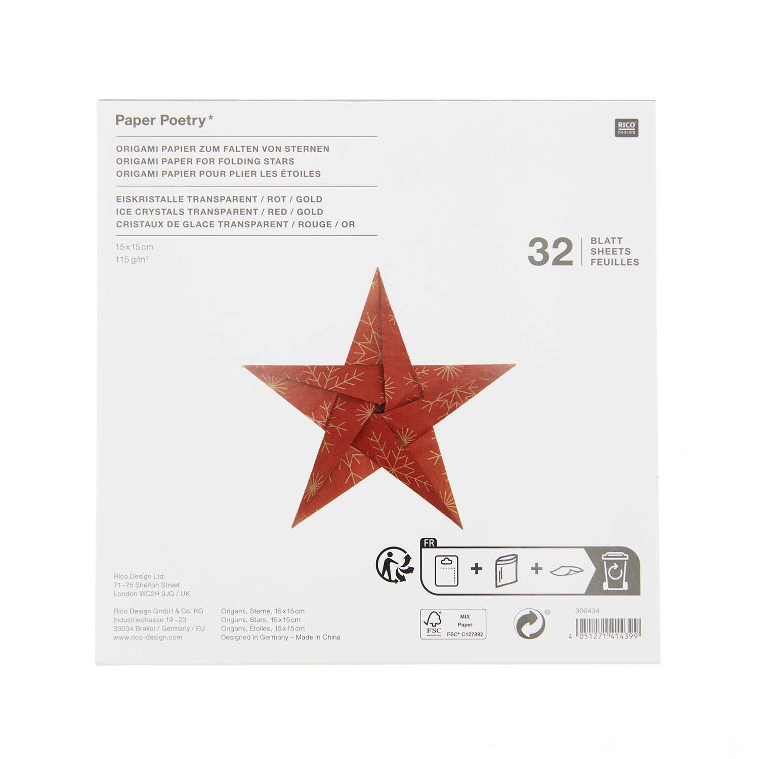 Paper Poetry Bascetta Origamipapier Schneeflocken Rot 32 Blatt Größe 15x15cm von Rico Design Paper Poetry Bascetta Origamipapier zeigt ein rotes, sternförmiges Origami-Design auf der Verpackung.