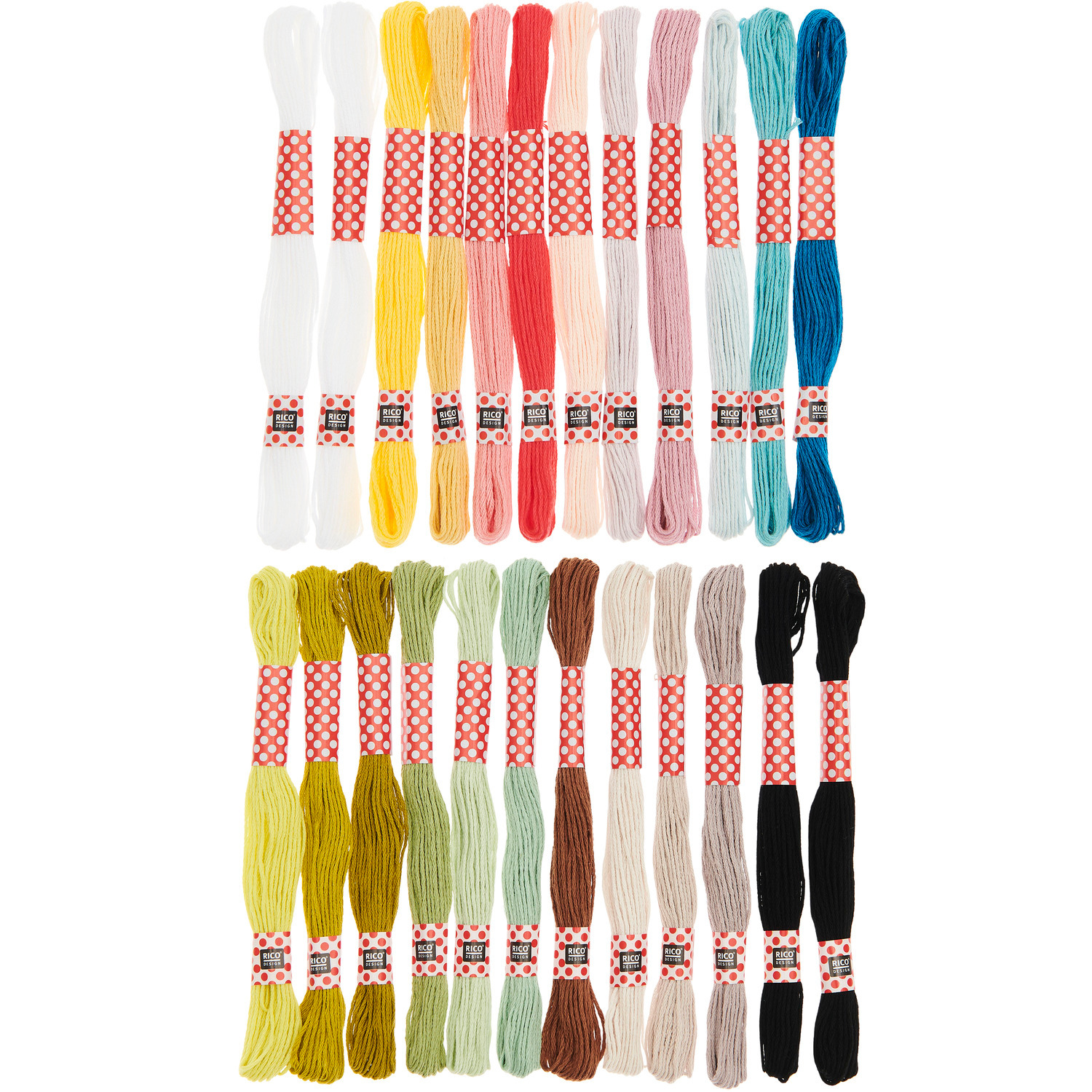 Stickgarn Set Fashion: 24-teiliges Set von Rico Design mit verschiedenen Garnfarben aufgereiht.
