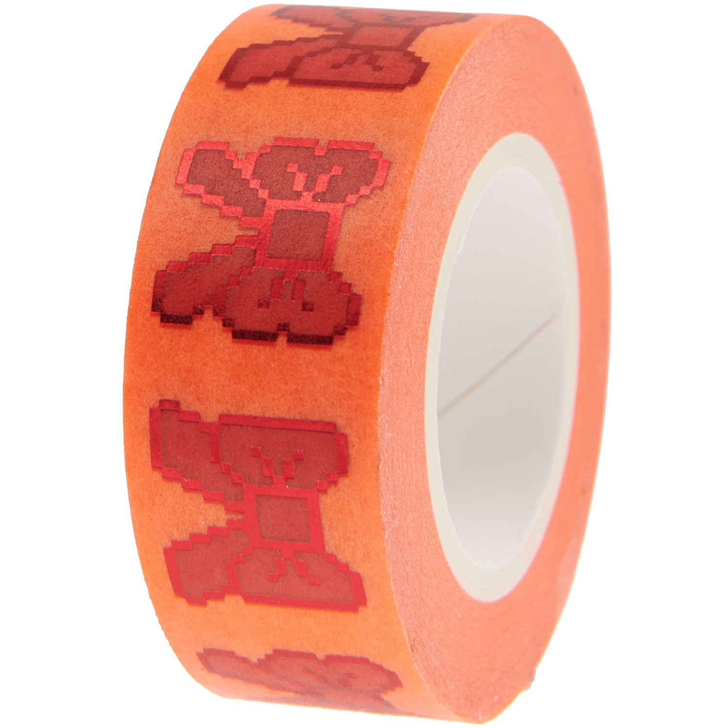 Paper Poetry Tape Schleifen Pixel Rot von Rico Design, 1,5cmx10m, zeigt rote Pixel-Schleifen auf orangem Hintergrund.