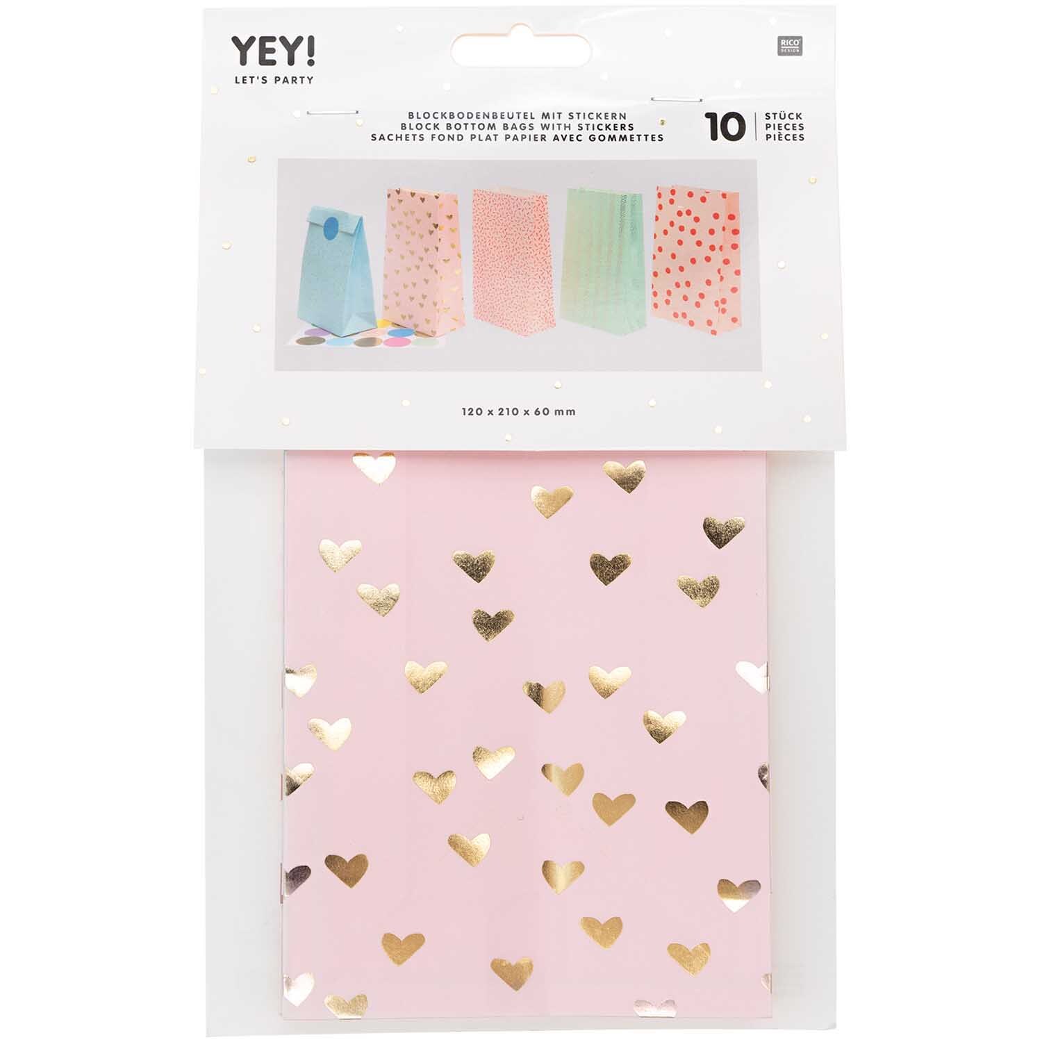 Blockbodenbeutel 10 Stück von Rico Design, rosa mit goldenen Herzen, ideal für Geschenke.