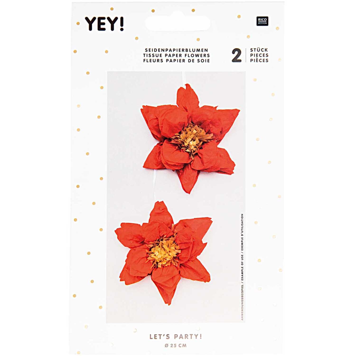 Seidenpapierblumen Weihnachtsstern 25cm, 2 Stück von Rico Design. Zwei rote Papierblumen in Sternform auf weißem Hintergrund.