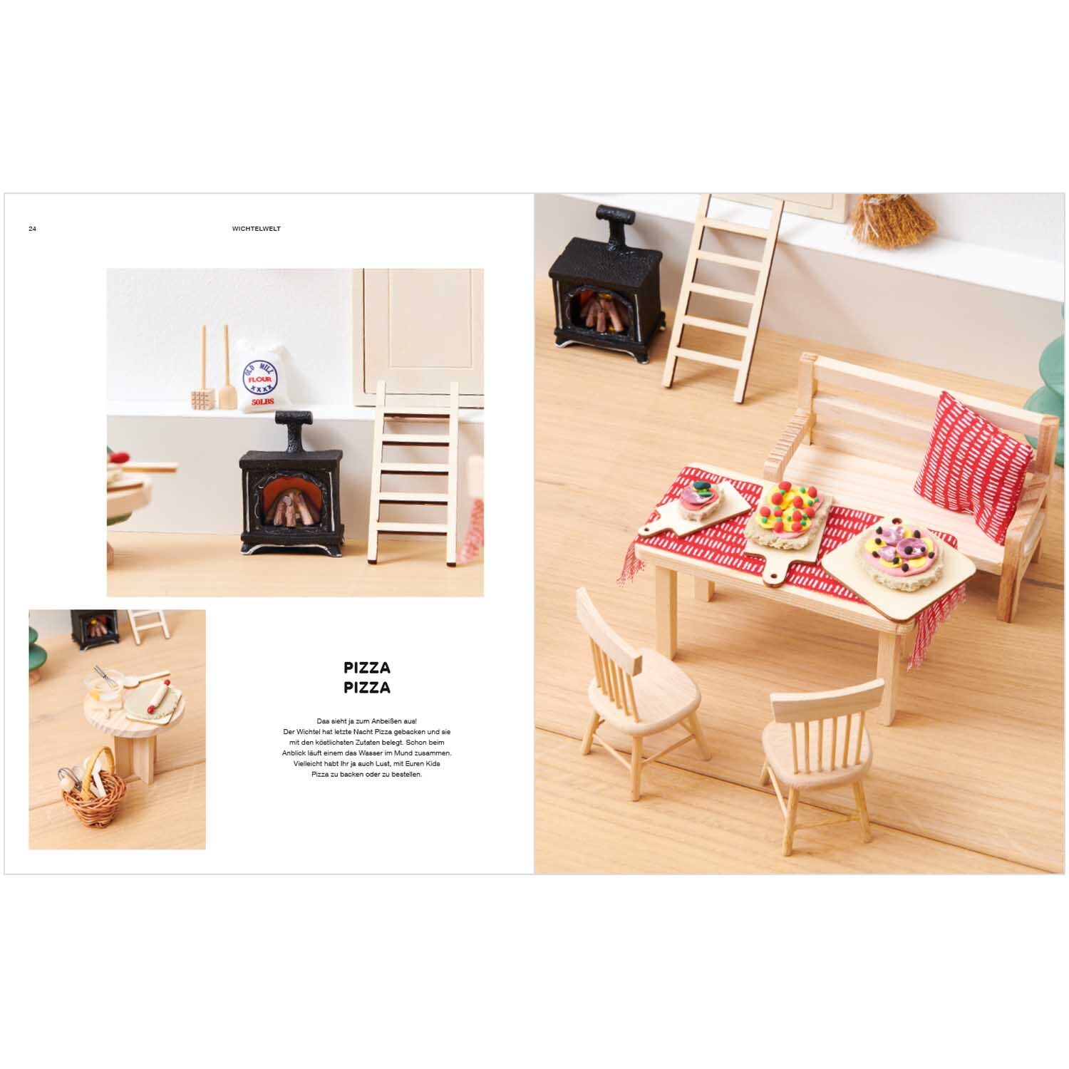 Rico Wichtelwelten von Rico Design Rico Wichtelwelten: Miniatur-Esszimmer mit Tisch, Stühlen und Ofen, dekoriert mit Kuchen.
