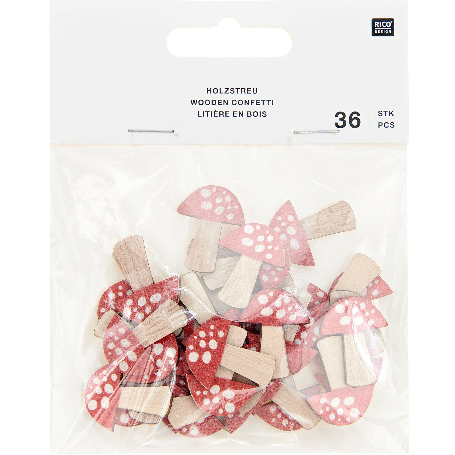 Holzstreu Fliegenpilz  36 Stück, 20x25mm Farbe Natur-rot von Rico Design