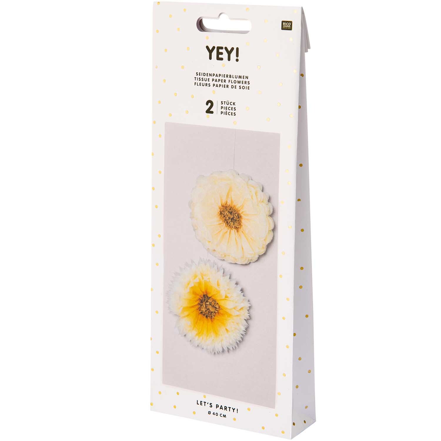 Seidenpapierblumen 40cm 2 Stück von Rico Design in einer Verpackung mit gelben Blumenmotiven. Ideal für Dekorationen und Partys.