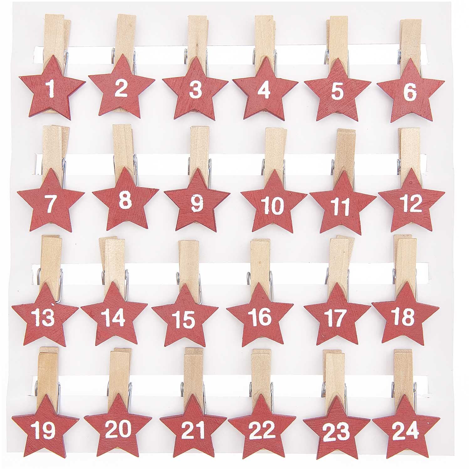 Holzclips Adventskalender Sterne 1-24 in Rot von Rico Design, ideal zum Dekorieren und Zählen der Tage bis Weihnachten.