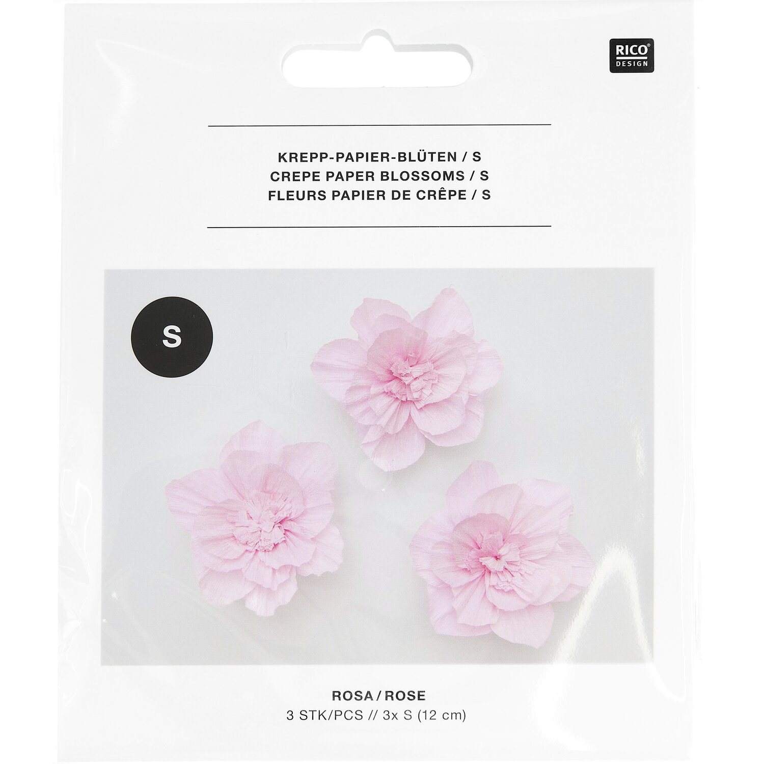 Krepppapier Blüten von Rico Design in zartem Rosa, Ø12cm, 3 Stück, ideal für kreative Dekorationen.