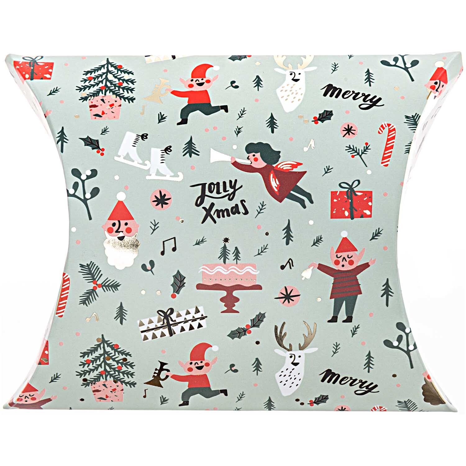 Paper Poetry Geschenkschachteln Jolly Christmas Classic 6 Stück von Rico Design Paper Poetry Geschenkschachteln mit weihnachtlichen Motiven wie Weihnachtsmännern und Tannenbäumen auf hellgrünem Hintergrund.