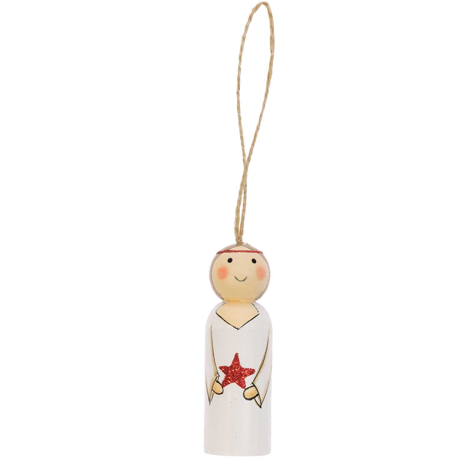 Holzhänger Engel mit Stern, 3x9cm, von Rico Design. Weißer Engel aus Holz hält roten Stern, ideal als Weihnachtsdekoration.