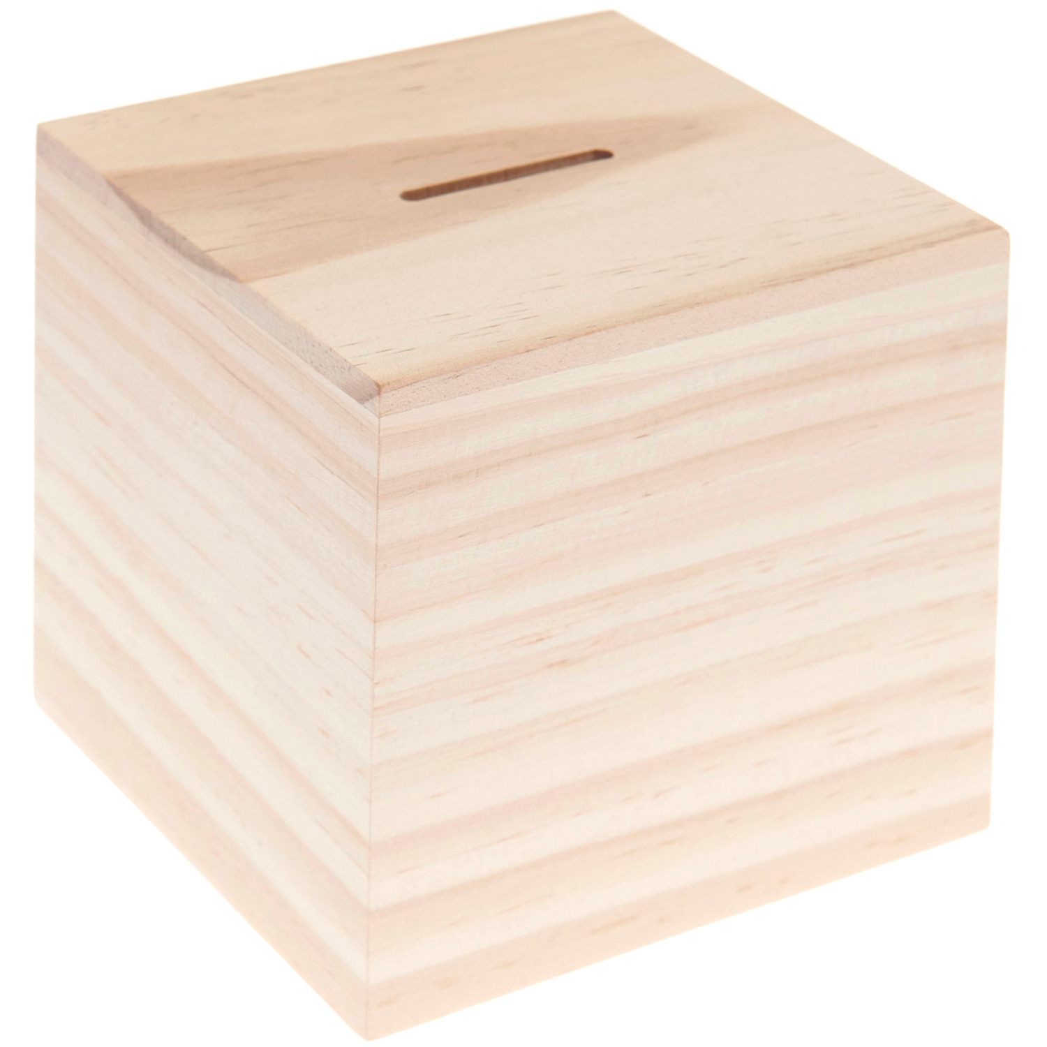 Spardose Würfel aus hellem Holz, 10x10x10cm, mit Schlitz oben. Ideal für Sparen und Dekoration.