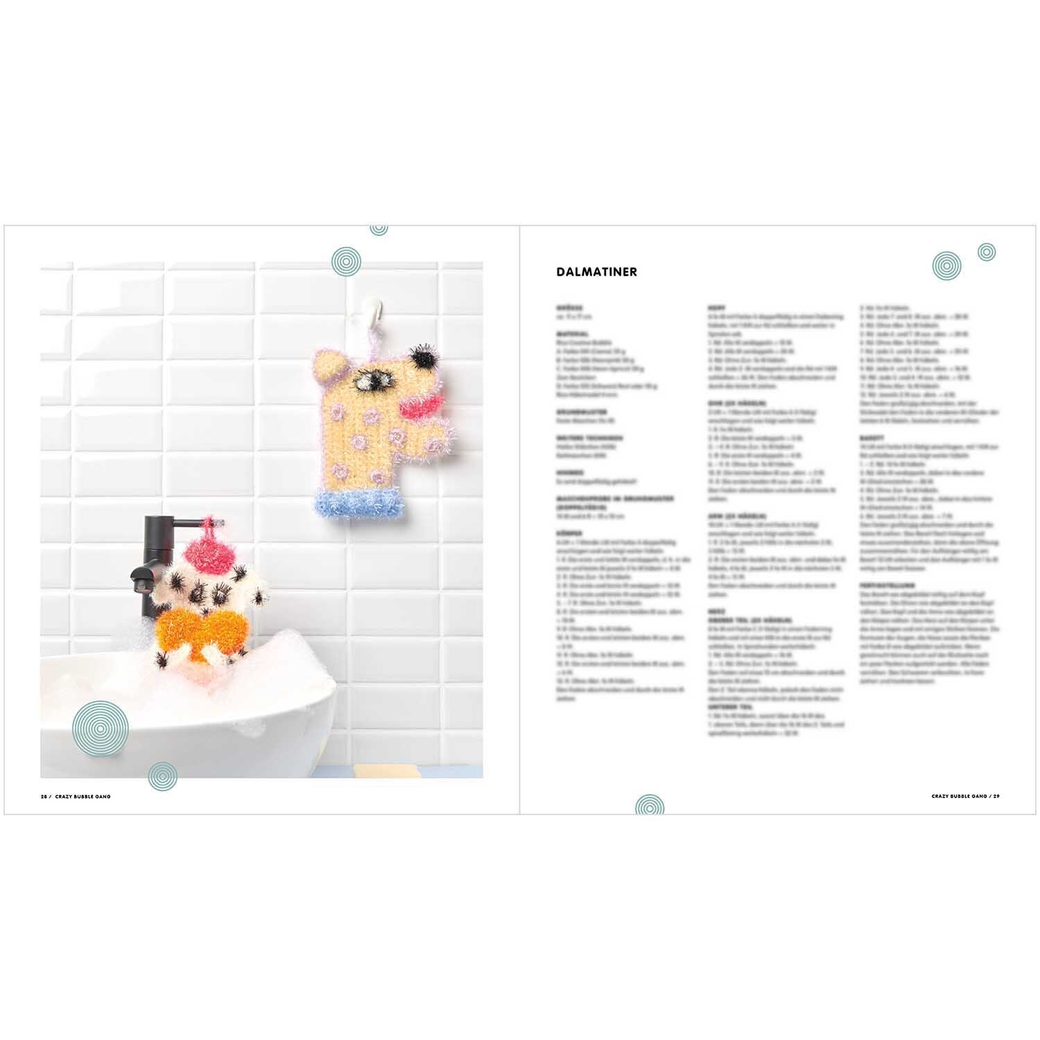 Creative Bubble - Crazy Bubble Gang von Rico Design Crazy Bubble Gang: Bunte, gehäkelte Tierfiguren von Rico Design in einem Badezimmer auf weißem Hintergrund.