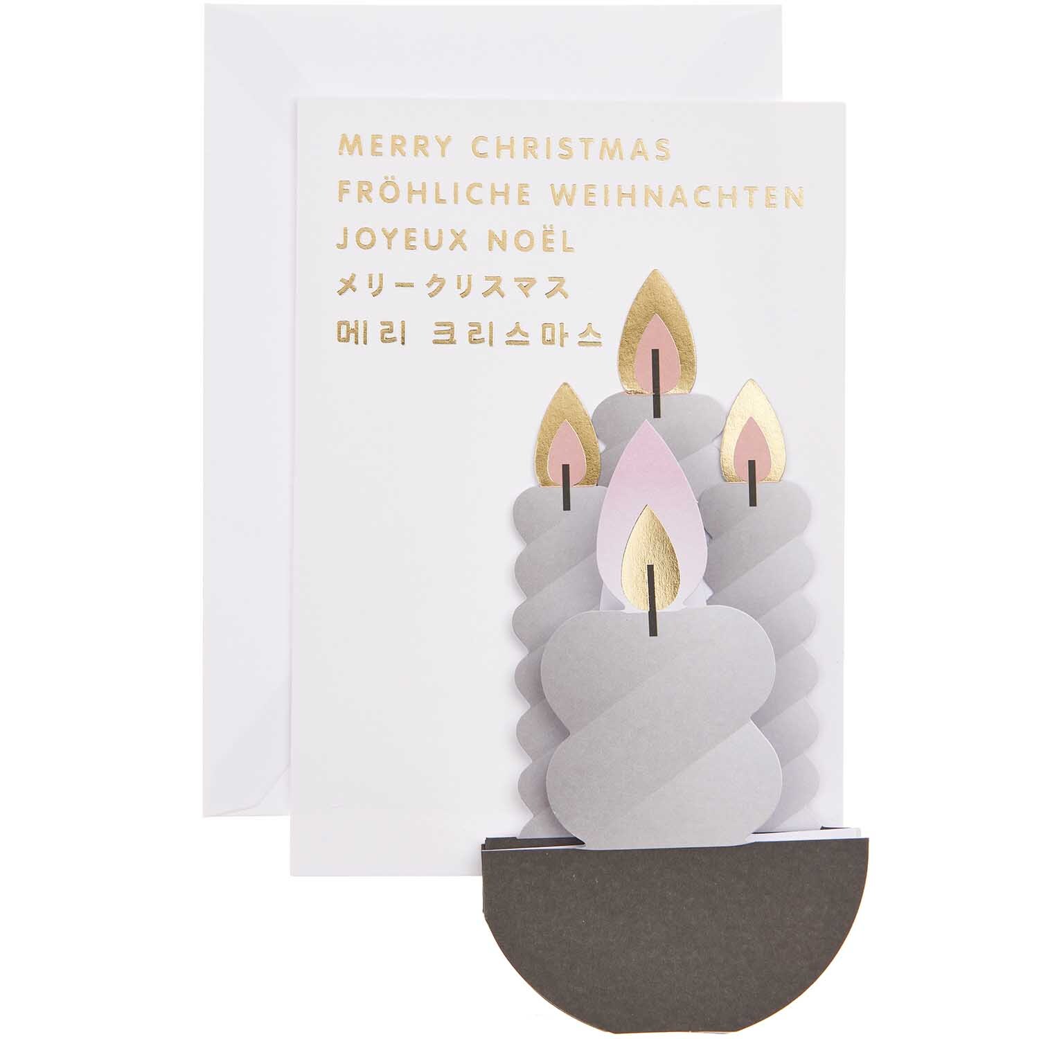 Paper Poetry Zickzack-Karte Kerzen schwarz 65x16cm von Rico Design Paper Poetry Zickzack-Karte zeigt graue Kerzen mit Flammen, begleitet von Weihnachtsgrüßen in mehreren Sprachen.