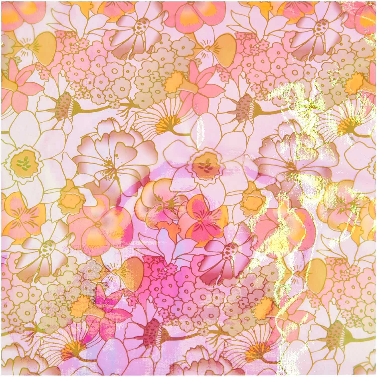 Geschenkfolie Blumen Hot Foil mit floralen Mustern in Rosa und Orange, ideal für kreative Verpackungen. Maße: 70cm x 2m.
