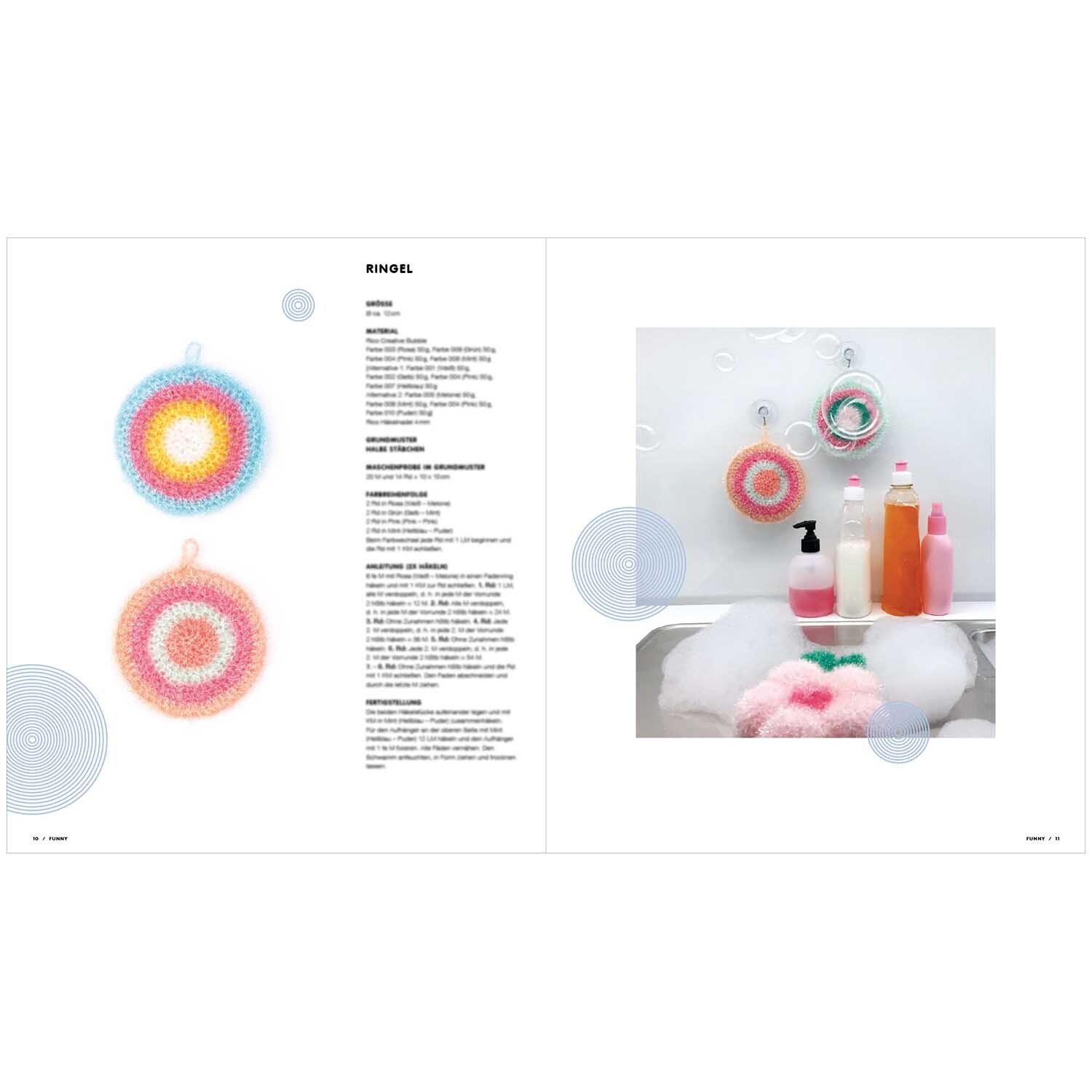 Creative Bubble Funny - Bunte, gehäkelte Spülschwämme von Rico Design neben Reinigungsmitteln.