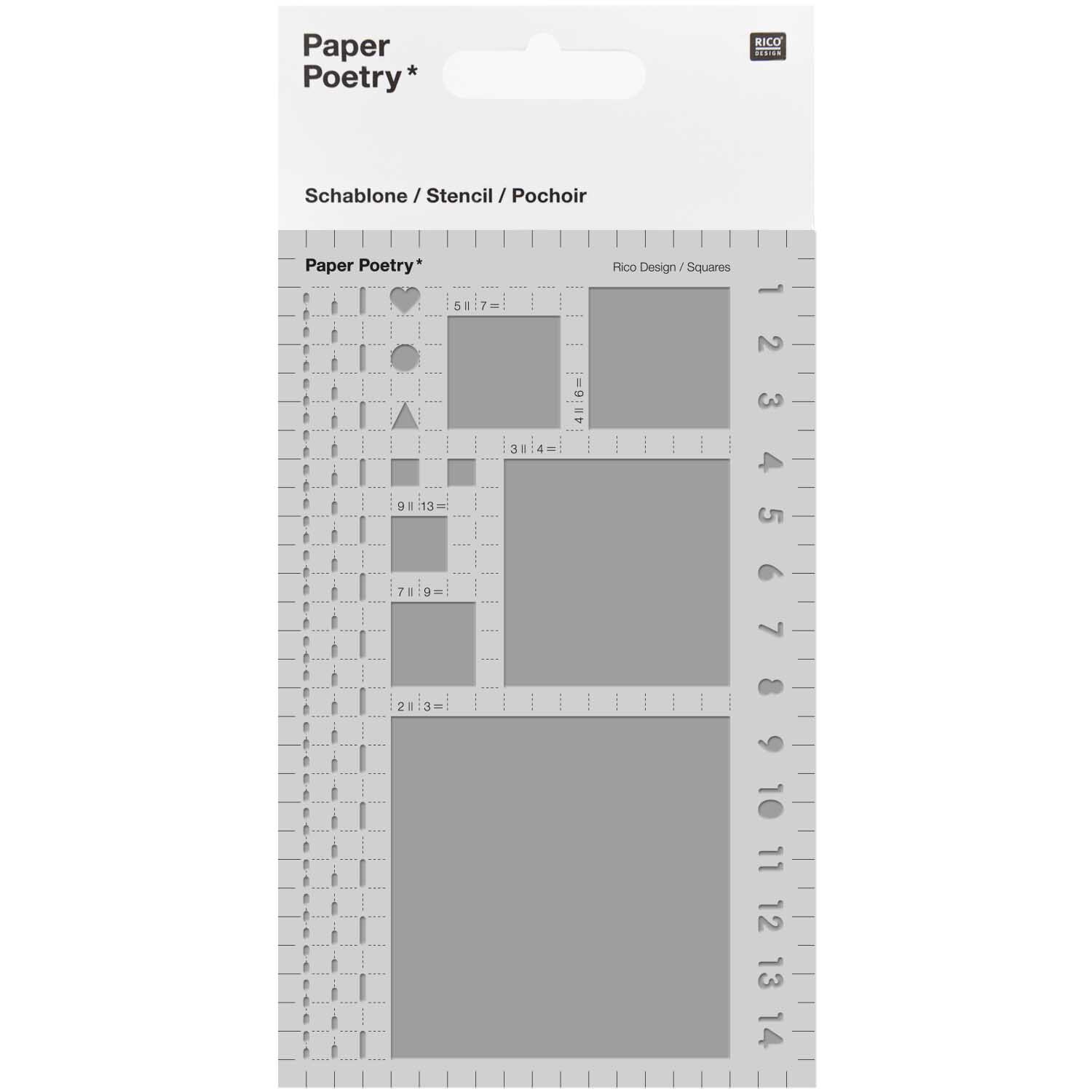 Paper Poetry Bullet Diary Schablone mit verschiedenen Quadraten, ideal für präzises Zeichnen. Marke Rico Design, transparentes Design für vielseitige Anwendungen.