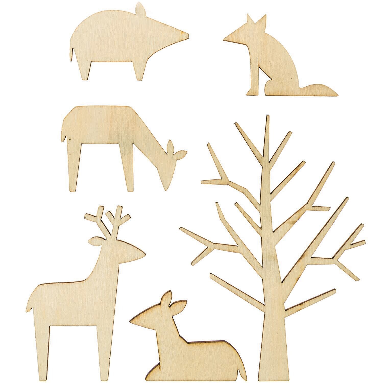 Holzdeko-Set Waldtiere groß: Sechs naturfarbene Holzfiguren von Rico Design, darunter Rehe und ein Baum.