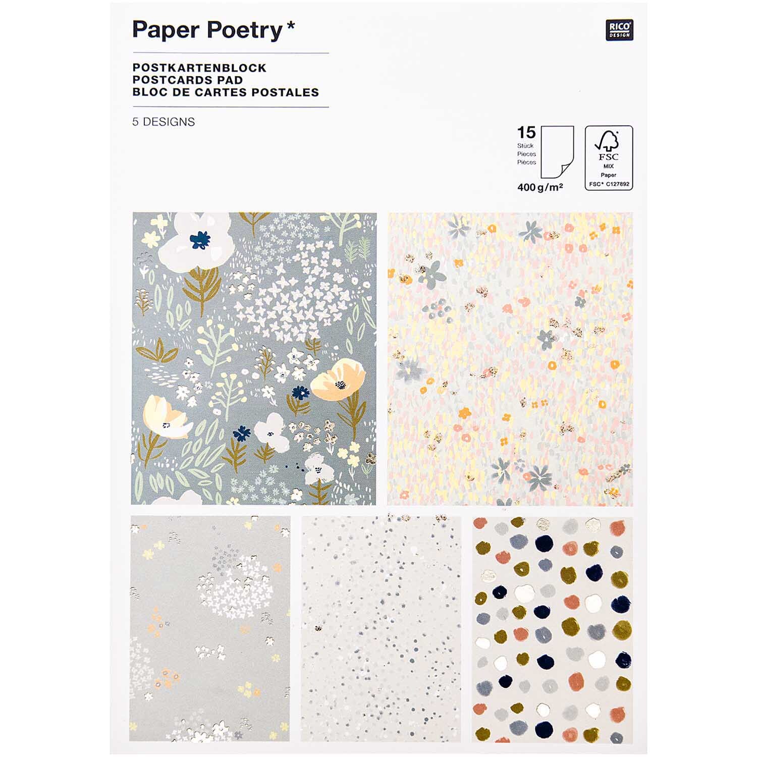 Paper Poetry Postkartenblock mit 15 Karten zeigt florale und gepunktete Designs in sanften Farben. Ideal für kreative Projekte. Marke: Rico Design.