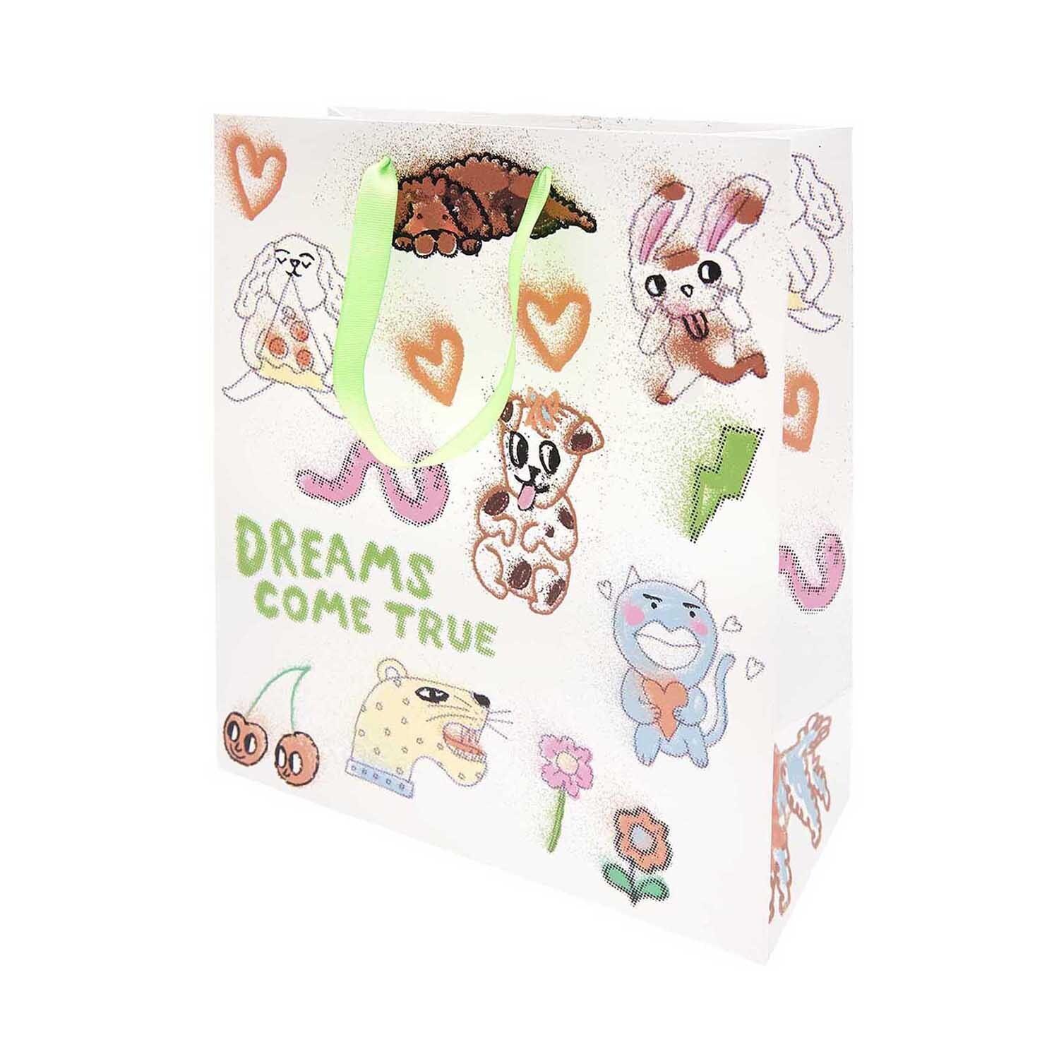 Paper Poetry Geschenktüte Airbrush mit bunten Cartoon-Tieren und grünen Griffen, von Rico Design.