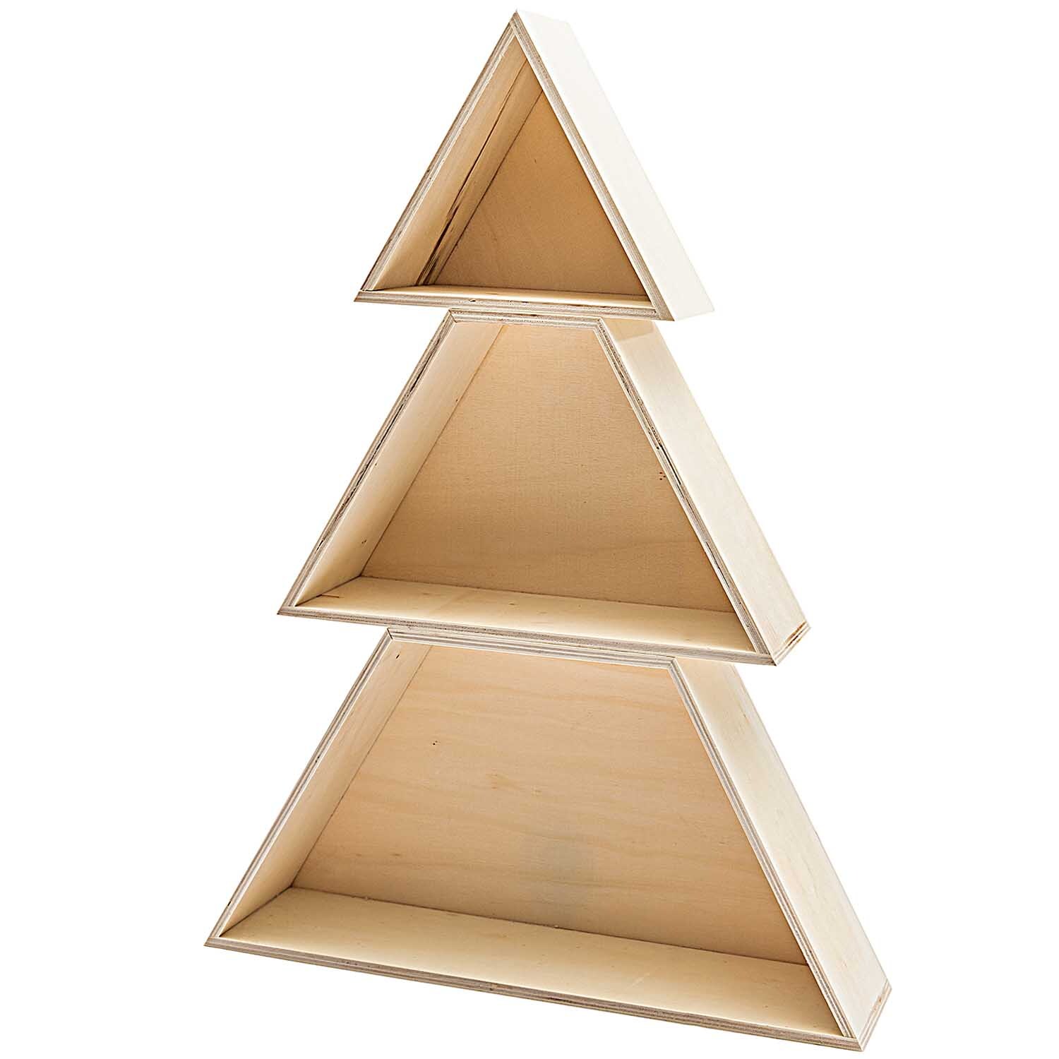 Holzboxen-Set Tannenbaum, 3-teilig von Rico Design. Dreieckige, naturfarbene Holzboxen in Baumform.