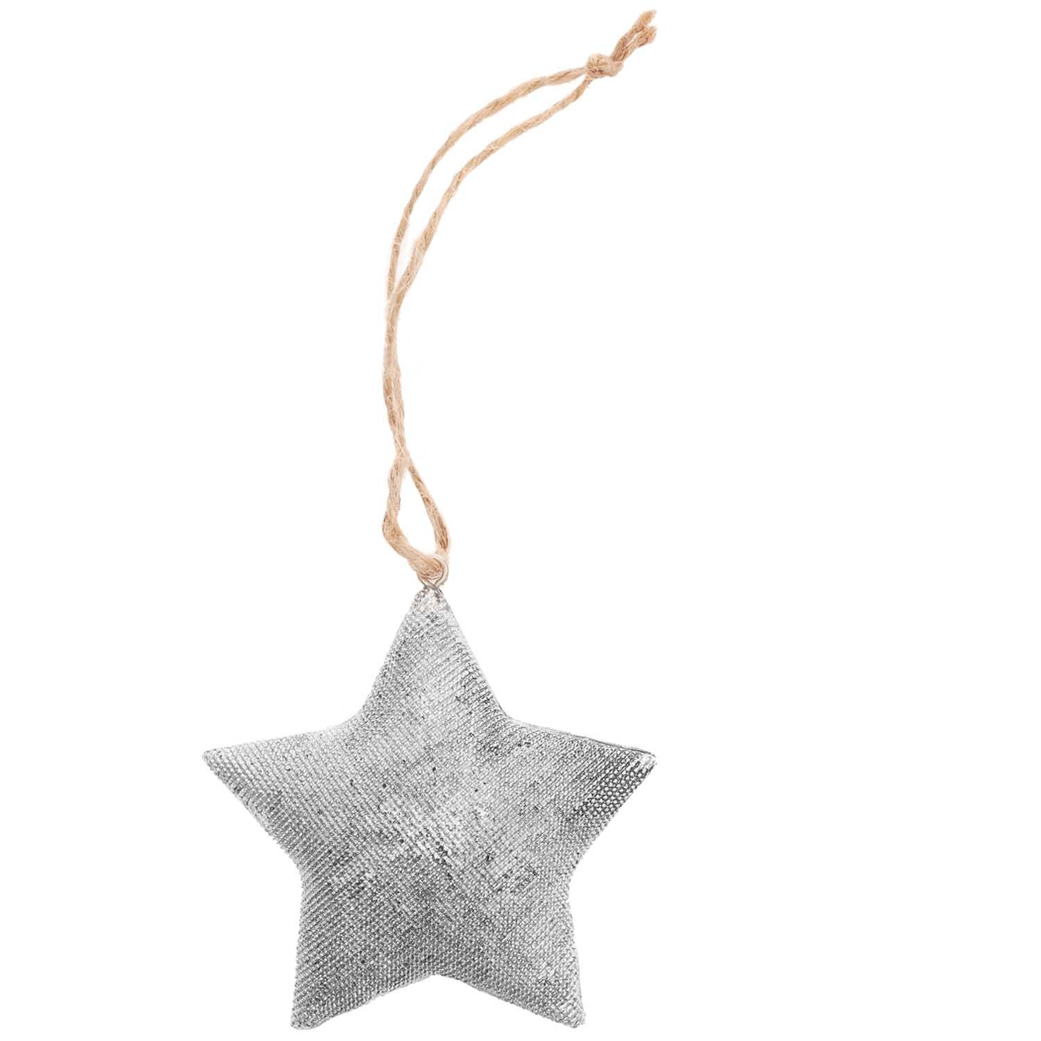 Hänger Stern aus Polyresin von Rico Design in Silber, mit Juteband zum Aufhängen, ideal für Dekorationen.