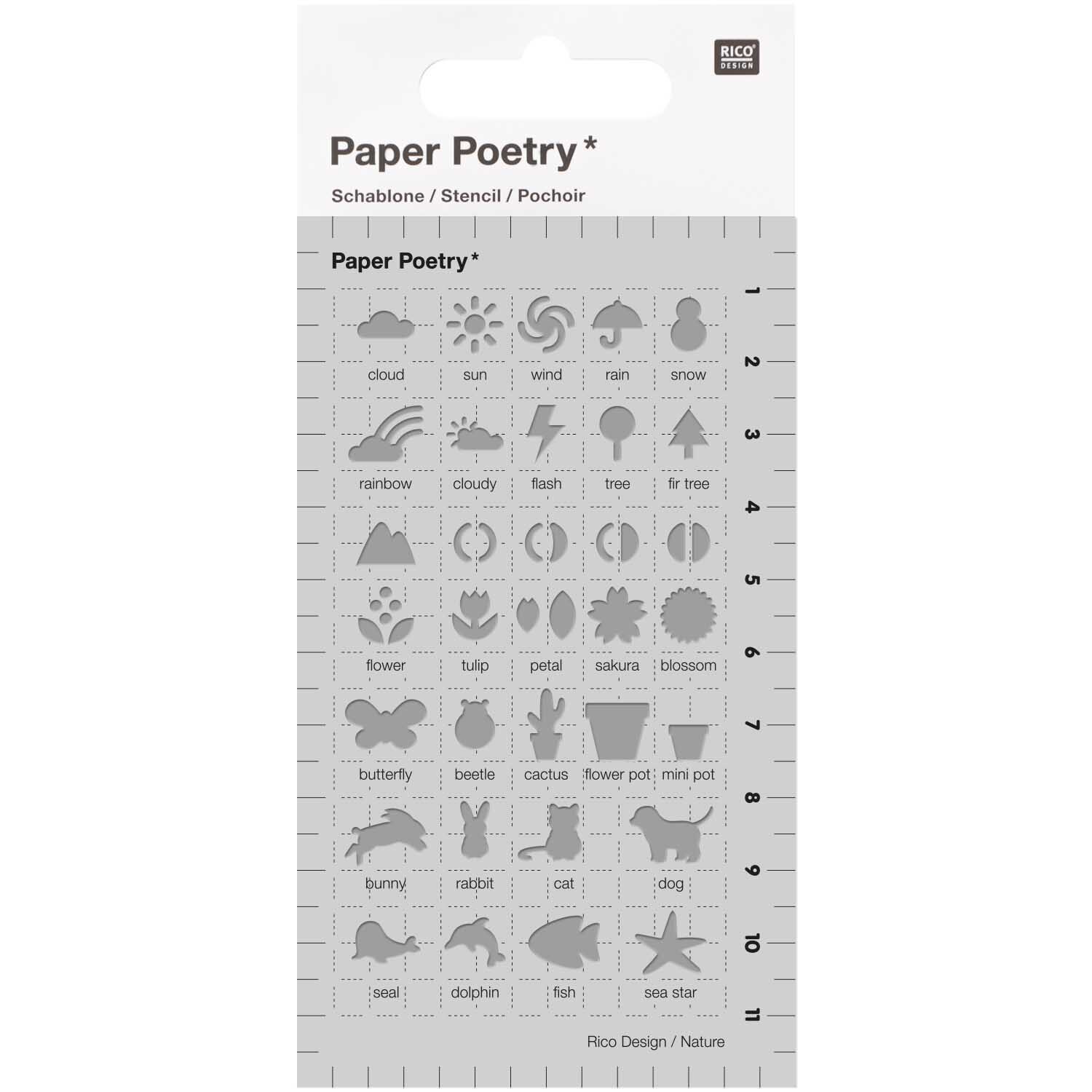 Paper Poetry Bullet Diary Schablone Outdoor 7x12cm zeigt transparente Symbole für Wetter und Natur von Rico Design. Ideal für kreative Projekte.