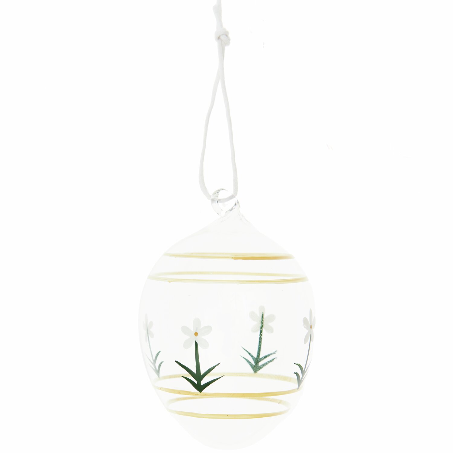 Glas Ei Blumen handbemalt: Ein handbemaltes Glasei von Rico Design mit Blumenmotiv, Ø6x9cm, an einer Schnur hängend.