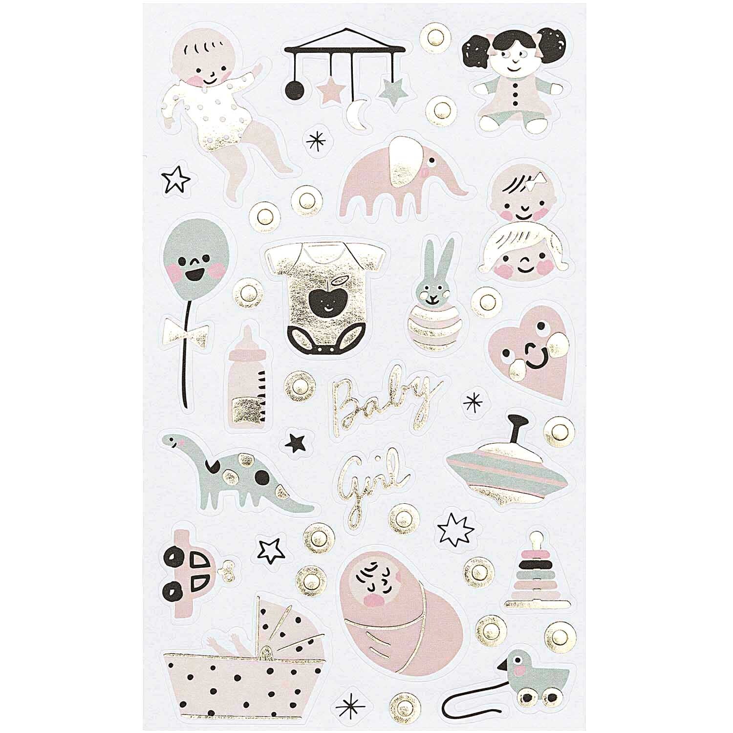Paper Poetry Sticker Hello Baby Mädchen: Niedliche Baby-Sticker in Pastellfarben mit Elefanten, Herzen und Spielzeugmotiven. Ideal für kreative Projekte.