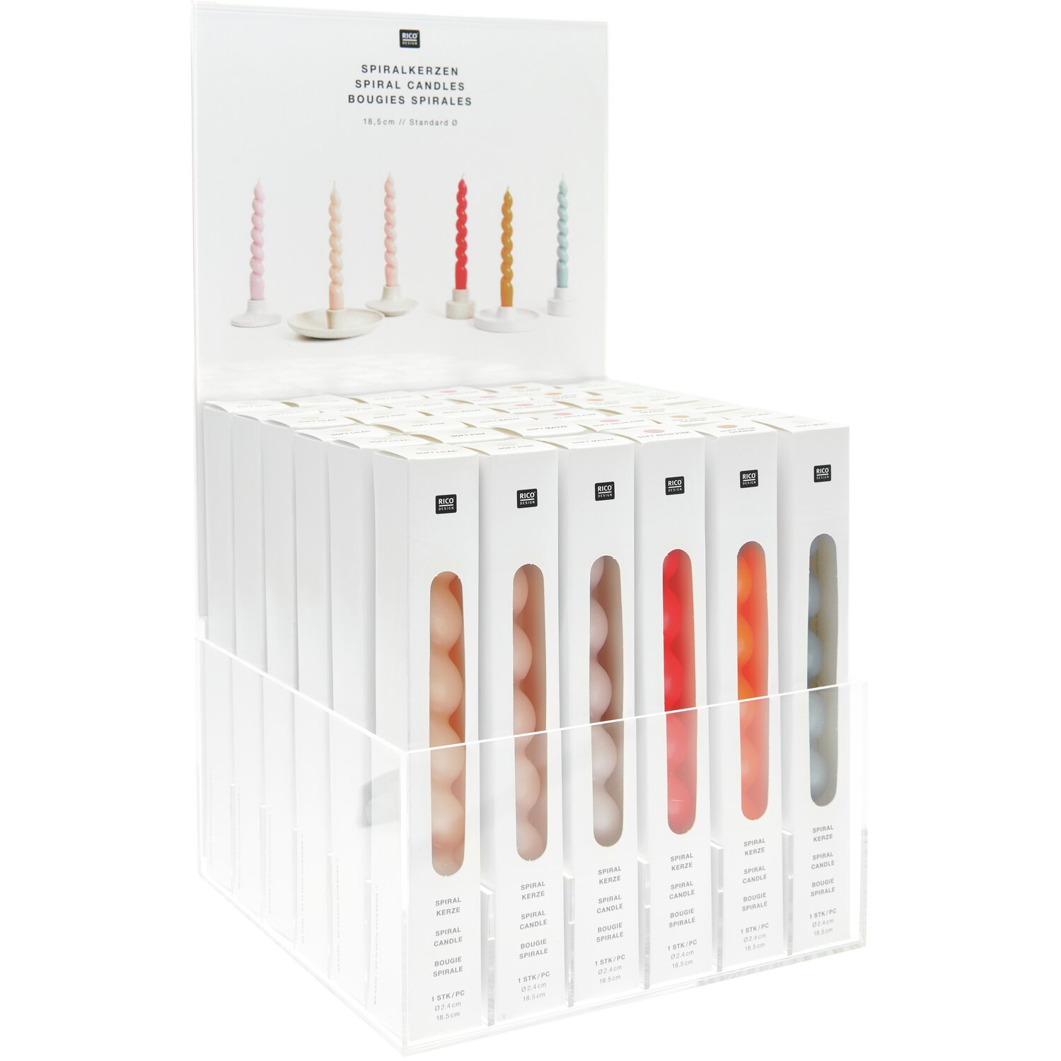 Sortiment Spiralkerzen Futschikato inkl. Display zeigt bunte Spiralkerzen von Rico Design in verschiedenen Farben in einer eleganten Verpackung.