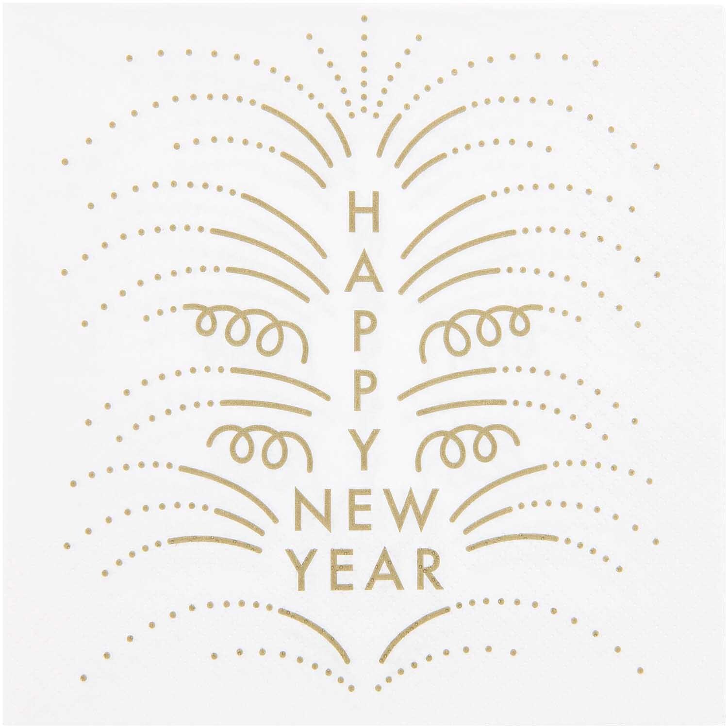 Servietten Happy New Year: Elegante weiße Serviette mit goldenen Feuerwerksmotiven und Neujahrsgruß. Perfekt für festliche Anlässe.