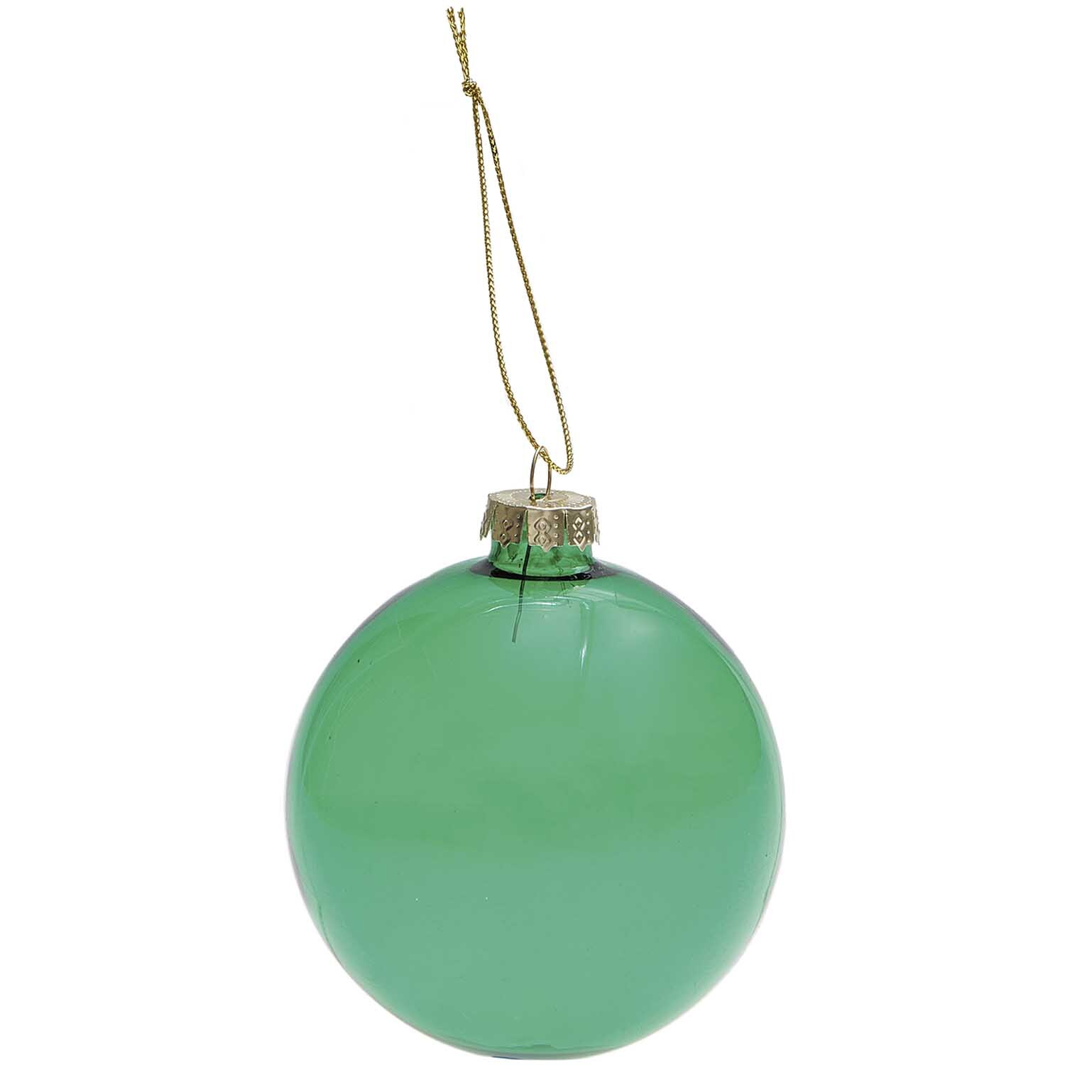 Glaskugel Baumschmuck einfarbig 8cm Farbe Grün Transparent von Rico Design Glaskugel Baumschmuck einfarbig 8cm von Rico Design: Eine transparente, grüne Kugel mit goldener Aufhängung.